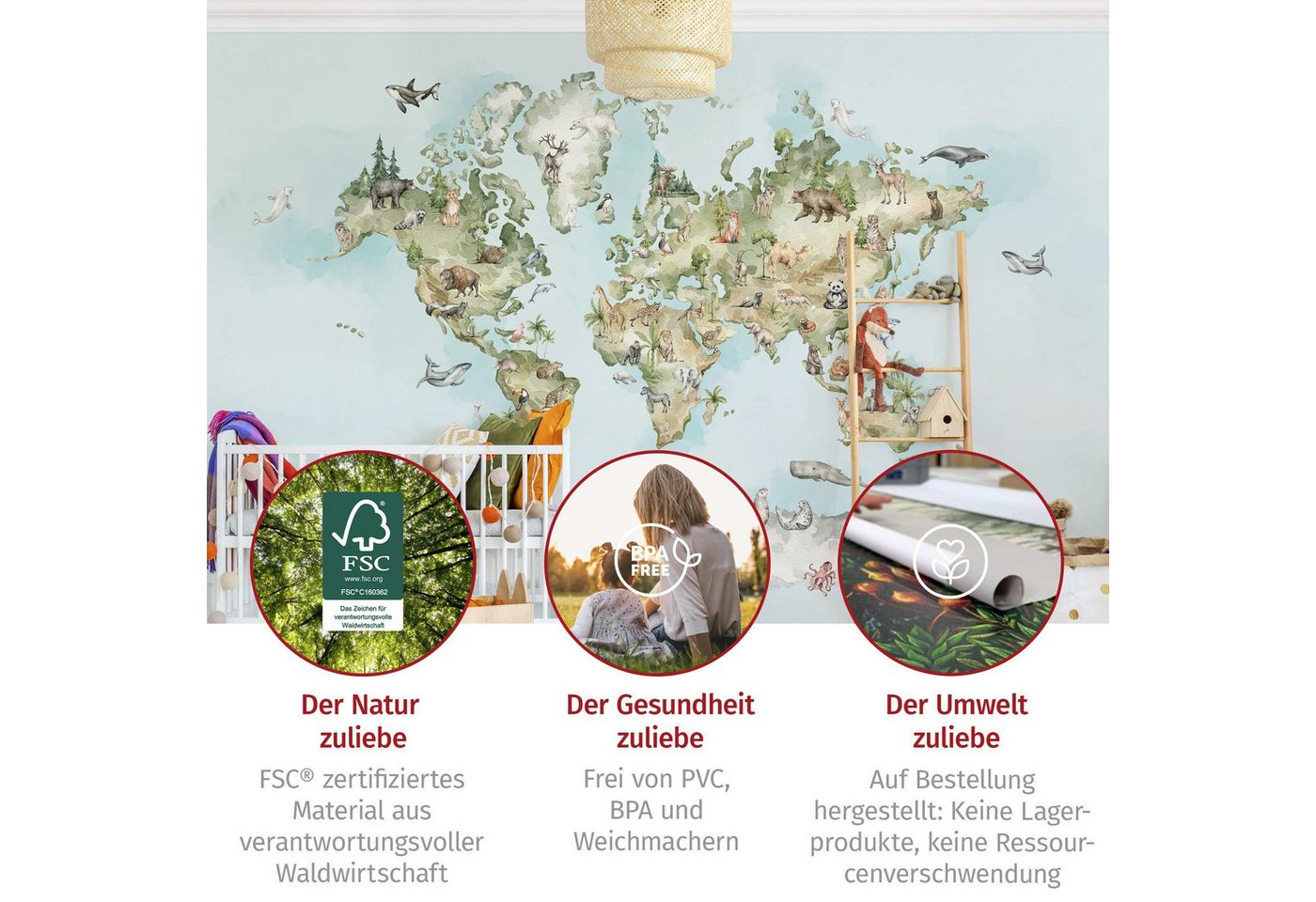 Bilderdepot24 Kindertapete Aquarell Weltkarte Tiere Kinderzimmer Lernkarte Atlas, Glatt, Matt, (Vliestapete inkl. Kleister oder selbstklebend), geruchsfreie Tapete Kinderzimmer Bild 2