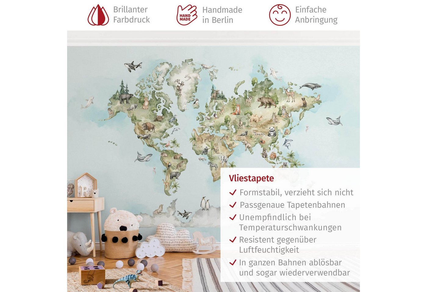 Bilderdepot24 Kindertapete Aquarell Weltkarte Tiere Kinderzimmer Lernkarte Atlas, Glatt, Matt, (Vliestapete inkl. Kleister oder selbstklebend), geruchsfreie Tapete Kinderzimmer Bild 3
