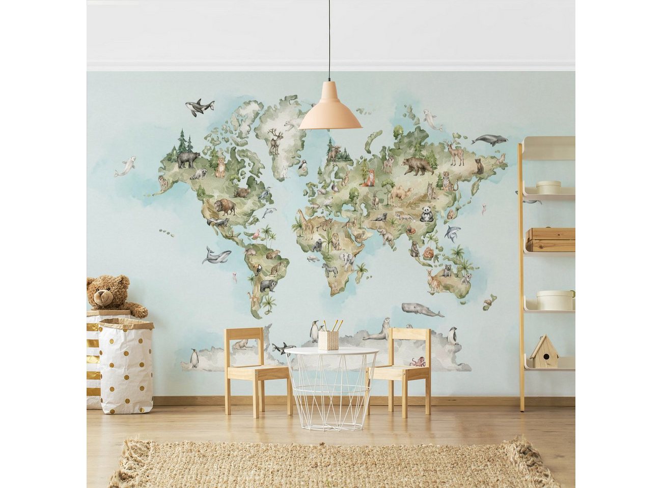 Bilderdepot24 Kindertapete Aquarell Weltkarte Tiere Kinderzimmer Lernkarte Atlas, Glatt, Matt, (Vliestapete inkl. Kleister oder selbstklebend), geruchsfreie Tapete Kinderzimmer Bild 5