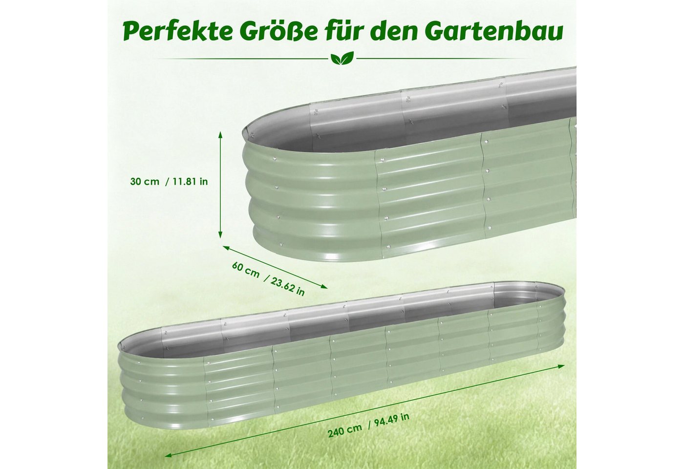 BlingBin Hochbeet 240x60x30 cm Hochbeet Metall - 18-in-1 Pflanzbeet Hochbeete für Garten (1er Set, 1 St., Material: Eisen), Wellblech oval Wetterfest & Rostfrei Gartenbeet für Terrasse & Balkon
