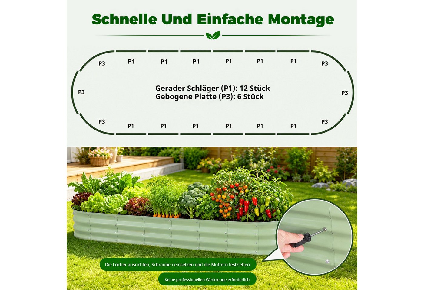 BlingBin Hochbeet 240x60x30 cm Hochbeet Metall - 18-in-1 Pflanzbeet Hochbeete für Garten (1er Set, 1 St., Material: Eisen), Wellblech oval Wetterfest & Rostfrei Gartenbeet für Terrasse & Balkon Bild 5