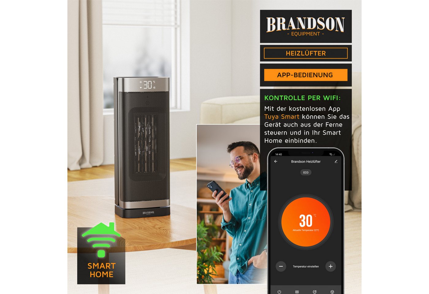 Brandson Heizlüfter Smarter WLAN-Keramikheizlüfter 2000 W, App & Fernbedienung, Timer, 1500 W, Preisträger 2025, ECO-Modus, Thermostat, 10-35°C, LED-Display