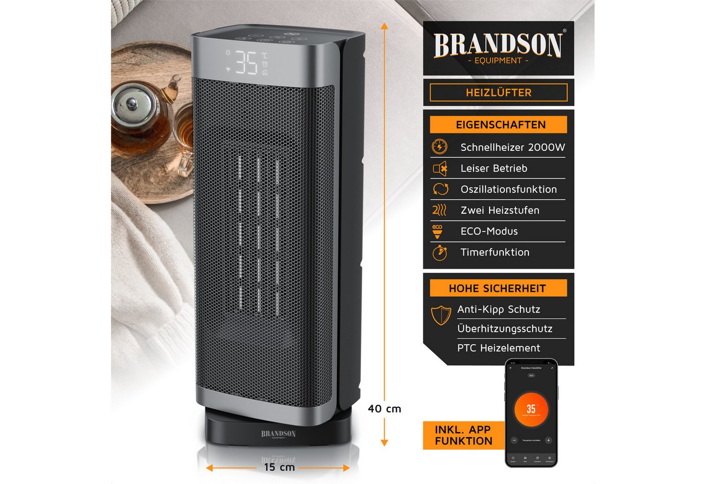 Brandson Heizlüfter Smarter WLAN-Keramikheizlüfter 2000 W, App & Fernbedienung, Timer, 1500 W, Preisträger 2025, ECO-Modus, Thermostat, 10-35°C, LED-Display Bild 3