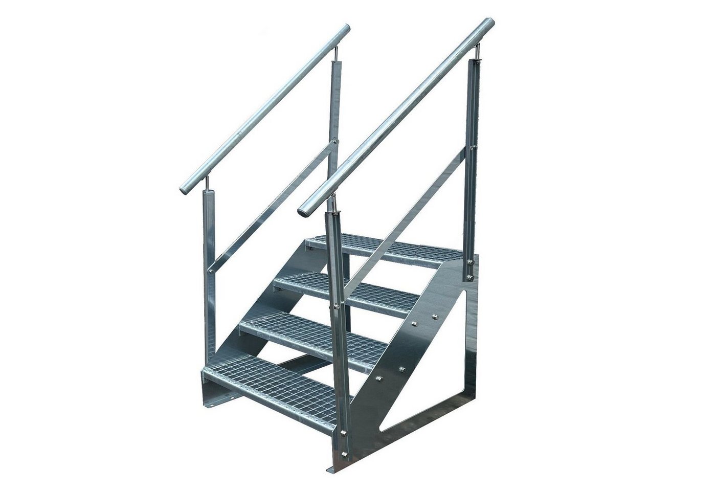 Kaminbau Mierzwa Außentreppe Premium Treppe Verzinkt mit oder ohne Geländer, für Geschosshöhen bis 76.00 cm, Stufen Gitterroststufen nach DIN 24531, (Höhe 76 cm, Stufenbreite und Geländerart wählbar), Gartentreppe Stahltreppe Wetterfest Rostfrei Feuer-Verzinkt Rutschfest
