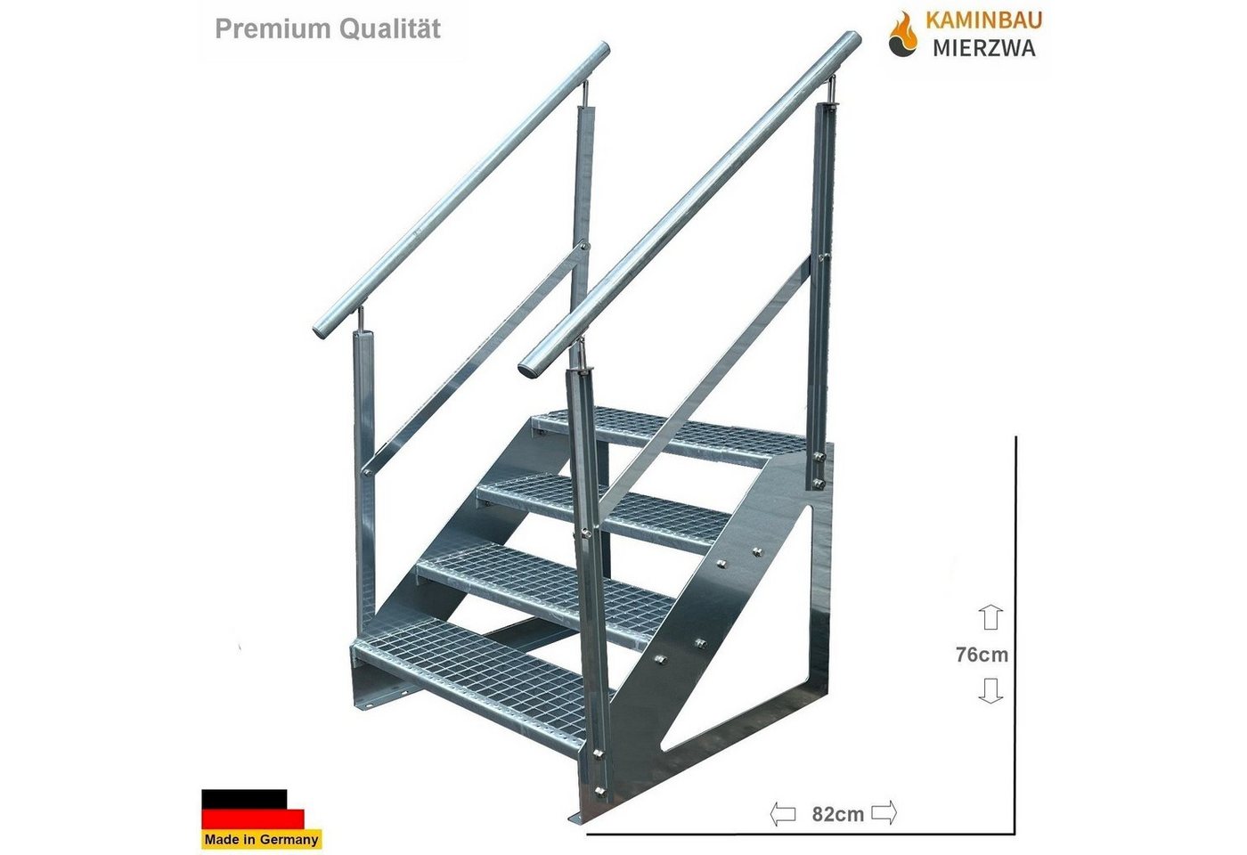 Kaminbau Mierzwa Außentreppe Premium Treppe Verzinkt mit oder ohne Geländer, für Geschosshöhen bis 76.00 cm, Stufen Gitterroststufen nach DIN 24531, (Höhe 76 cm, Stufenbreite und Geländerart wählbar), Gartentreppe Stahltreppe Wetterfest Rostfrei Feuer-Verzinkt Rutschfest Bild 3