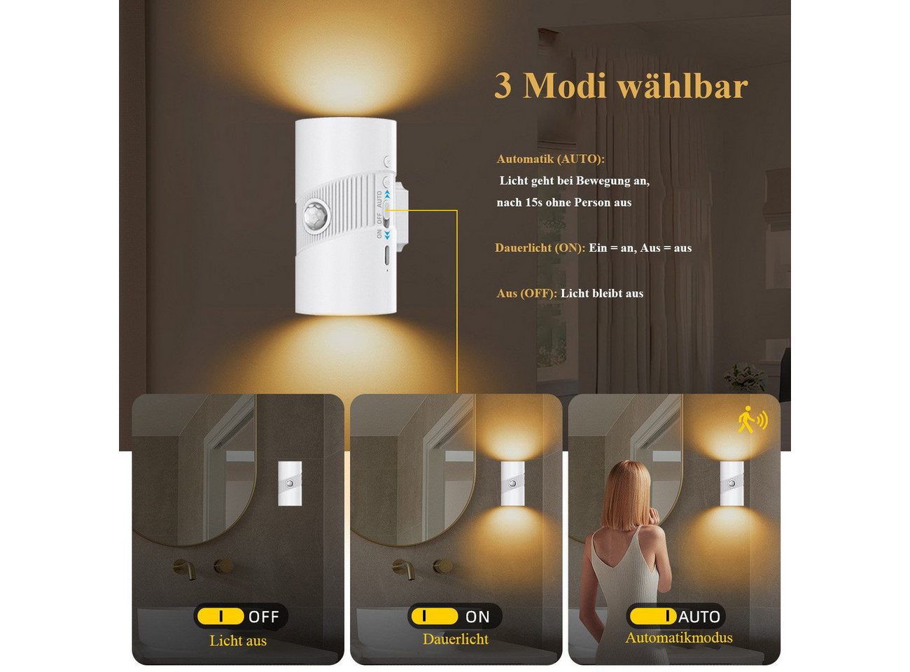 wohnTRAUM24 LED Nachtlicht LED Bewegungsmelder-Nachtlicht mit 3 Modi (ON/AUTO/OFF),Warmweiß 3000K, LED fest integriert, Tageslichtweiß, Warmweiß, Neutralweiß, Wiederaufladbar, für Wohnzimmer Treppenhaus Flur Bild 3