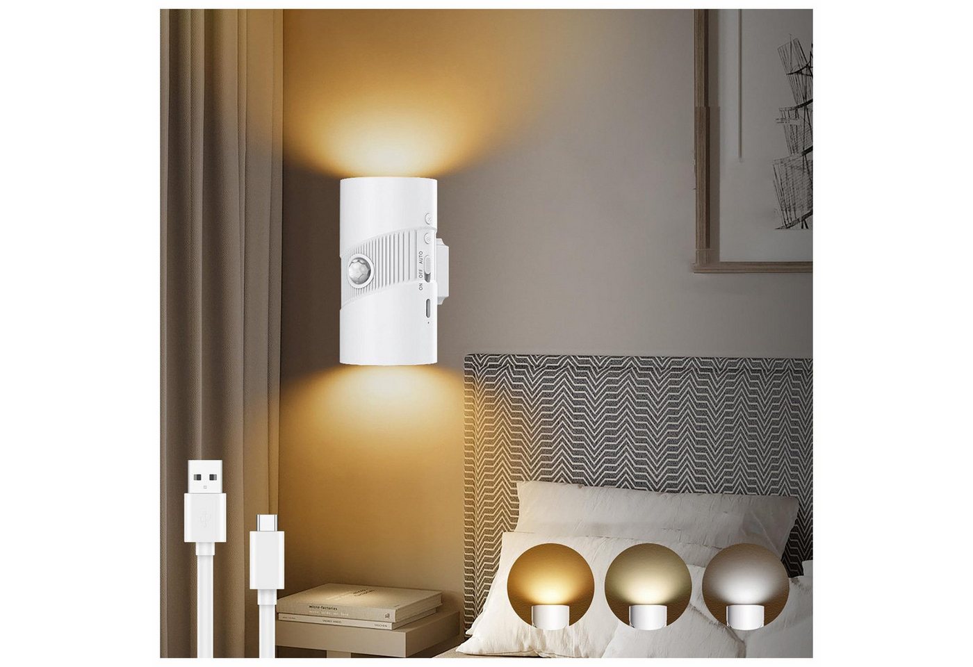 wohnTRAUM24 LED Nachtlicht LED Bewegungsmelder-Nachtlicht mit 3 Modi (ON/AUTO/OFF),Warmweiß 3000K, LED fest integriert, Tageslichtweiß, Warmweiß, Neutralweiß, Wiederaufladbar, für Wohnzimmer Treppenhaus Flur Bild 4
