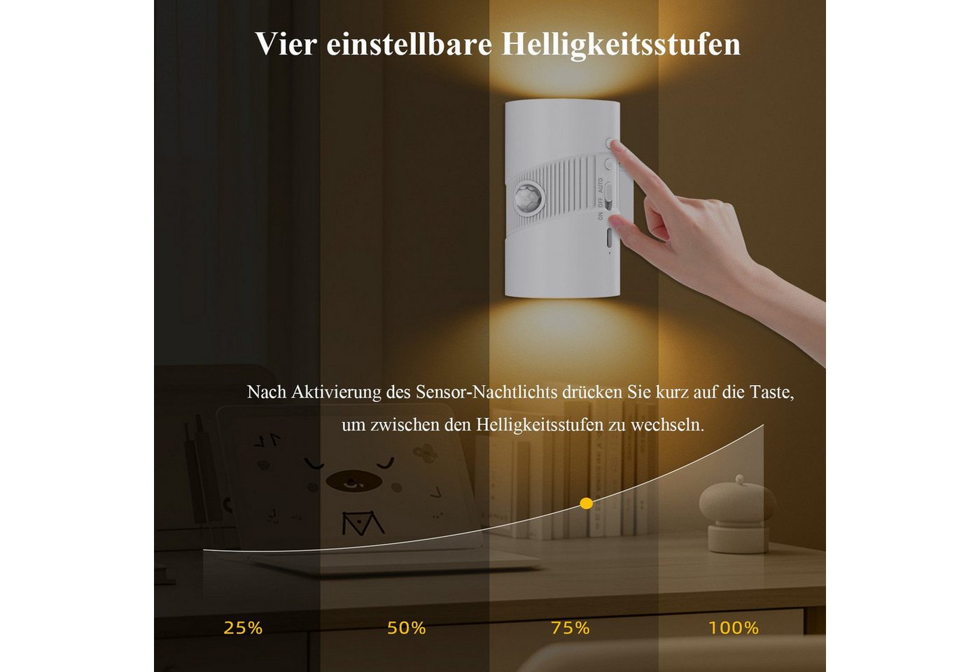 wohnTRAUM24 LED Nachtlicht LED Bewegungsmelder-Nachtlicht mit 3 Modi (ON/AUTO/OFF),Warmweiß 3000K, LED fest integriert, Tageslichtweiß, Warmweiß, Neutralweiß, Wiederaufladbar, für Wohnzimmer Treppenhaus Flur Bild 5