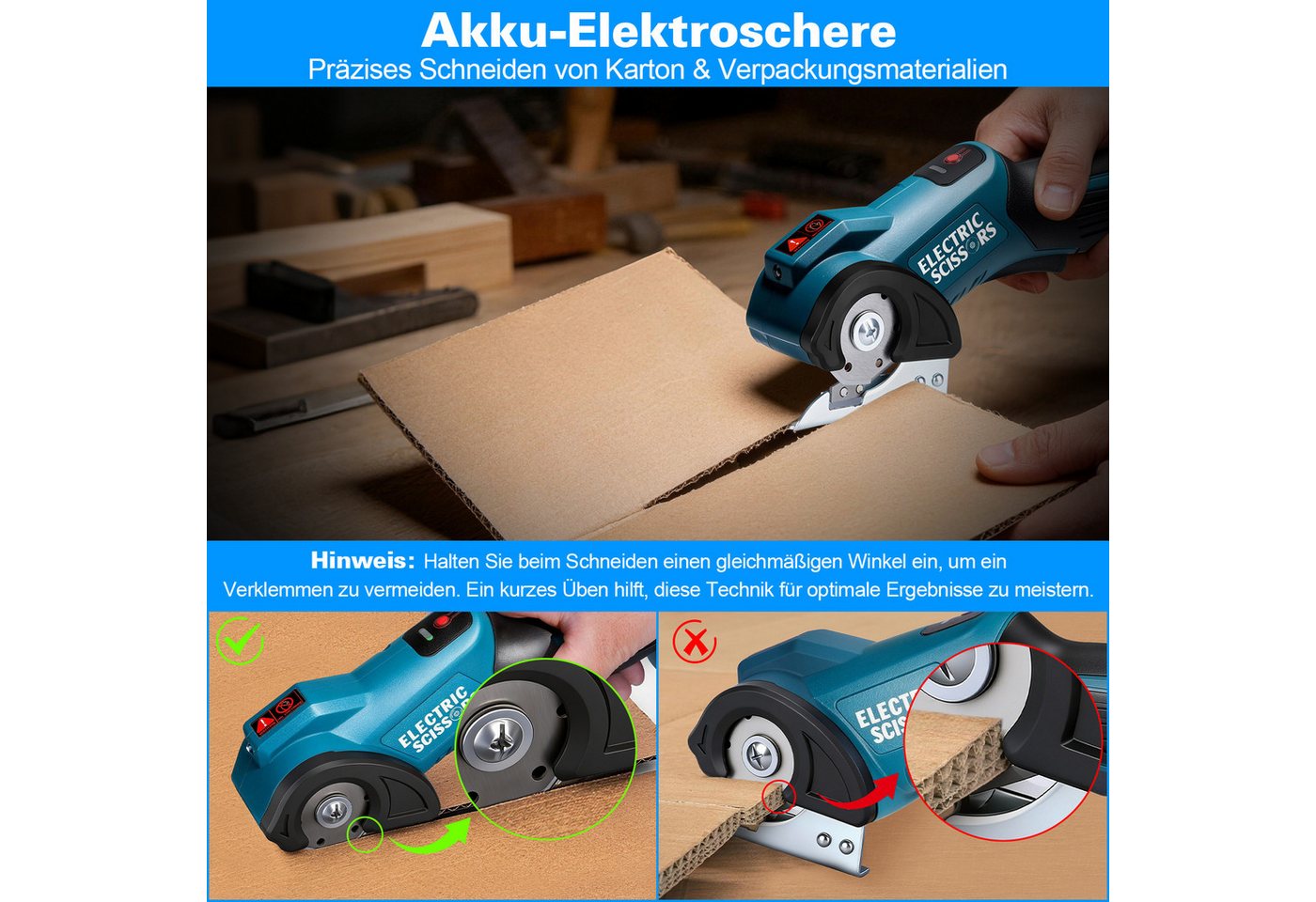 XERSEK Akku-Universalschere 18V Elektrische Schere mit 2,0Ah Akku, Kartonschneider Akkuschere, 18 V in V, 2 Klingen, 440U/min Motor, 9mm Schnitttiefe Kompatibel mit Makita-Akku, Multi-Cutter Rollschneider Nähschneider für Karton Leder Teppich Stoff