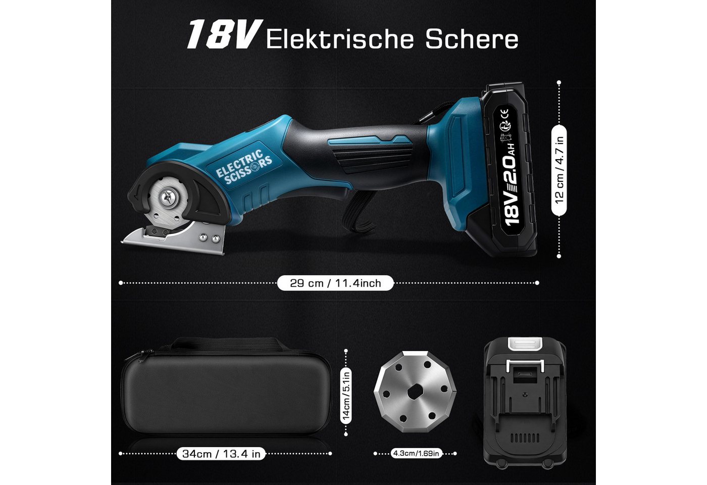 XERSEK Akku-Universalschere 18V Elektrische Schere mit 2,0Ah Akku, Kartonschneider Akkuschere, 18 V in V, 2 Klingen, 440U/min Motor, 9mm Schnitttiefe Kompatibel mit Makita-Akku, Multi-Cutter Rollschneider Nähschneider für Karton Leder Teppich Stoff Bild 2