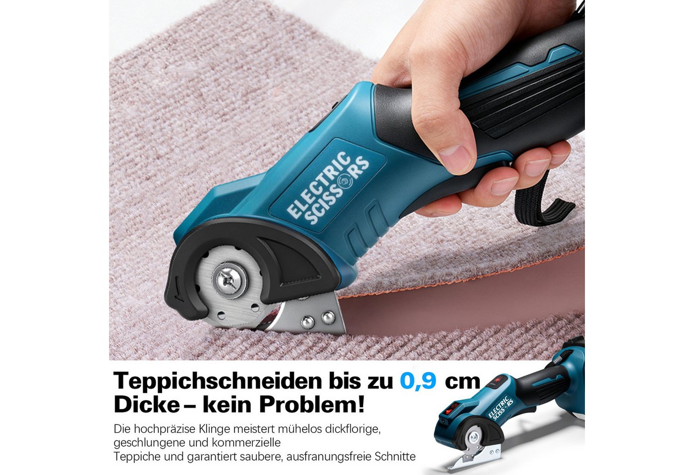 XERSEK Akku-Universalschere 18V Elektrische Schere mit 2,0Ah Akku, Kartonschneider Akkuschere, 18 V in V, 2 Klingen, 440U/min Motor, 9mm Schnitttiefe Kompatibel mit Makita-Akku, Multi-Cutter Rollschneider Nähschneider für Karton Leder Teppich Stoff Bild 3