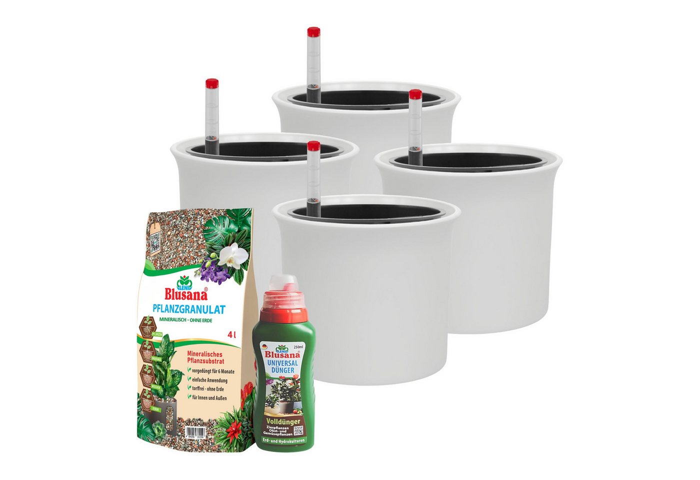 LENI Blumentopf Atlas Blumentopf Kunststoff matt 11/09 Hydro-Komplettset 4er-Pack Weiß (Hydrokultur-Set, Übertopf, Kulturtopf, Gießanzeige, Substrat vorgedüngt, Flüssigdünger), wasserdichtes Pflanzgef äß für Indoor & Outdoor Bild 2