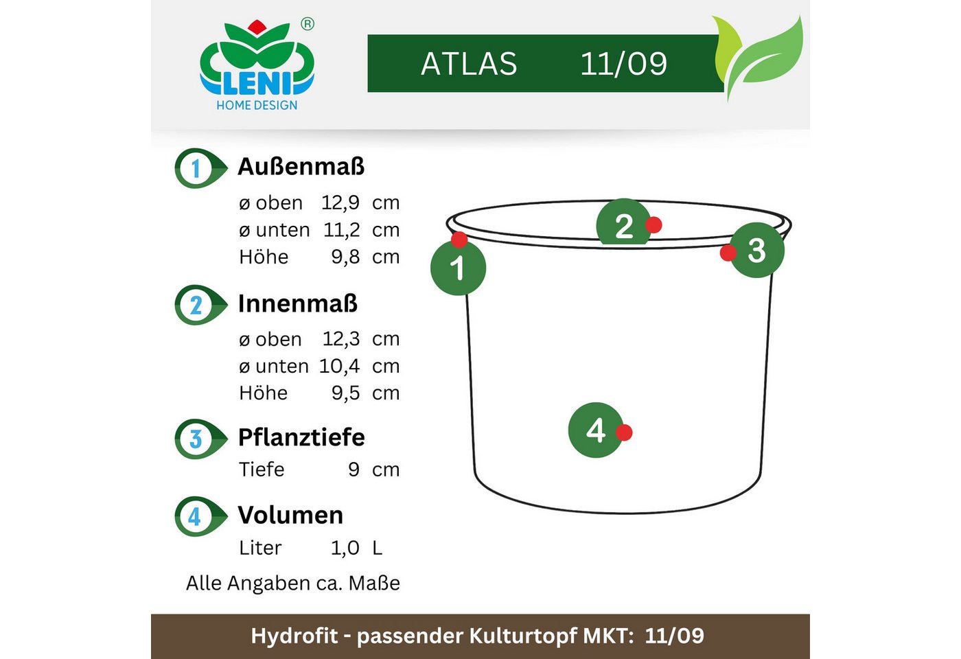 LENI Blumentopf Atlas Blumentopf Kunststoff matt 11/09 Hydro-Komplettset 4er-Pack Weiß (Hydrokultur-Set, Übertopf, Kulturtopf, Gießanzeige, Substrat vorgedüngt, Flüssigdünger), wasserdichtes Pflanzgefäß für Indoor & Outdoor Bild 3