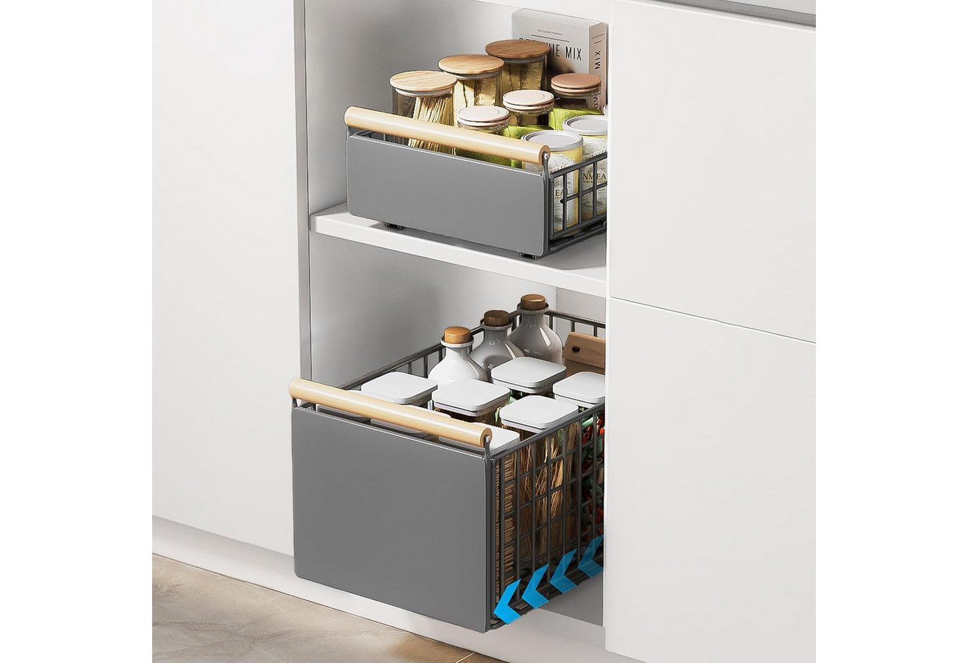 LEMLIT Küchenregal 2Pack Faltbarer Ausziehbare Schubladen-Regalaufbewahrung, 2 Packung 2-tlg., 2 Stück Teleskopschublade, Faltbarer Schrank-Organizer für die Küche