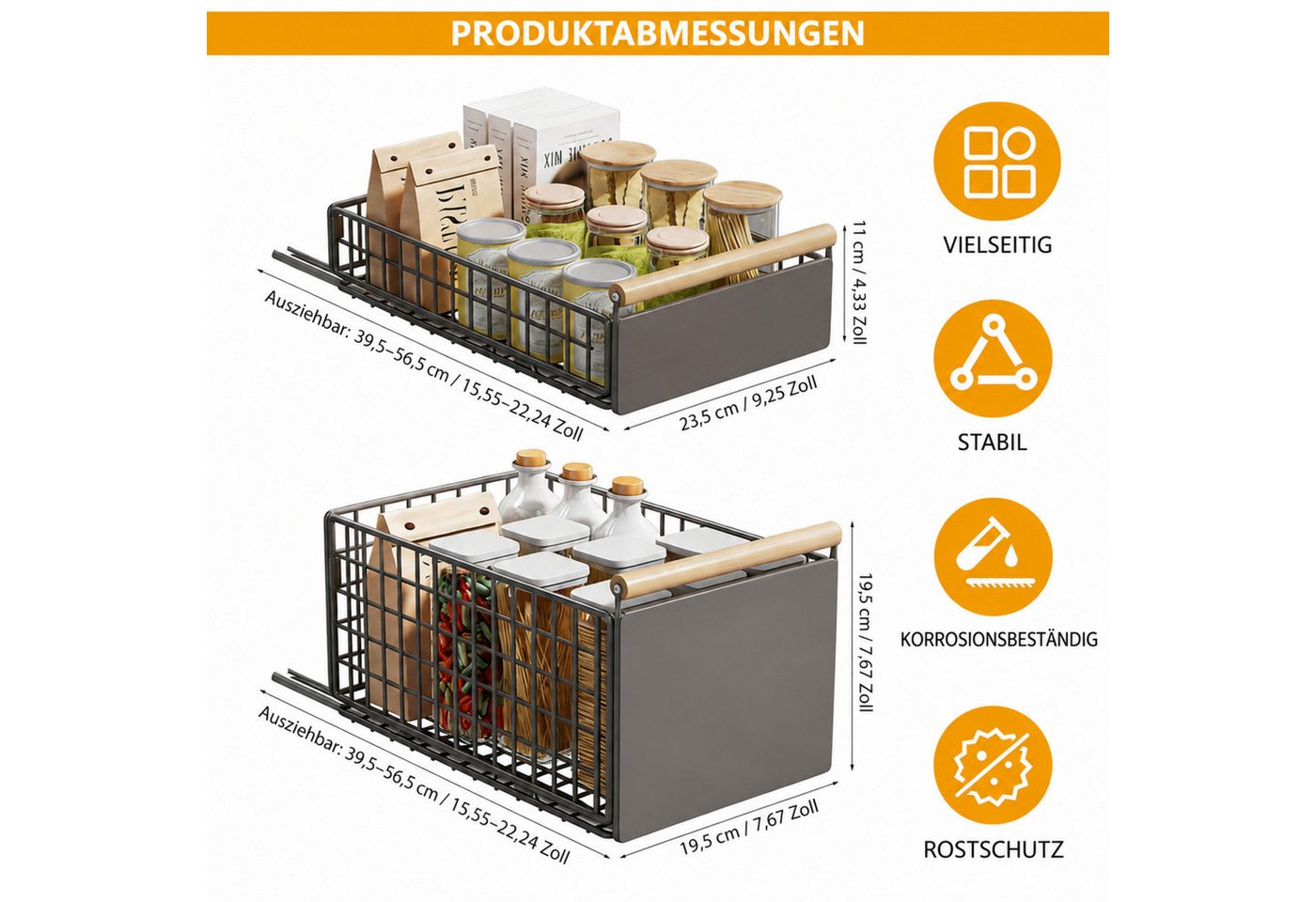 LEMLIT Küchenregal 2Pack Faltbarer Ausziehbare Schubladen-Regalaufbewahrung, 2 Packung 2-tlg., 2 Stück Teleskopschublade, Faltbarer Schrank-Organizer für die Küche Bild 2