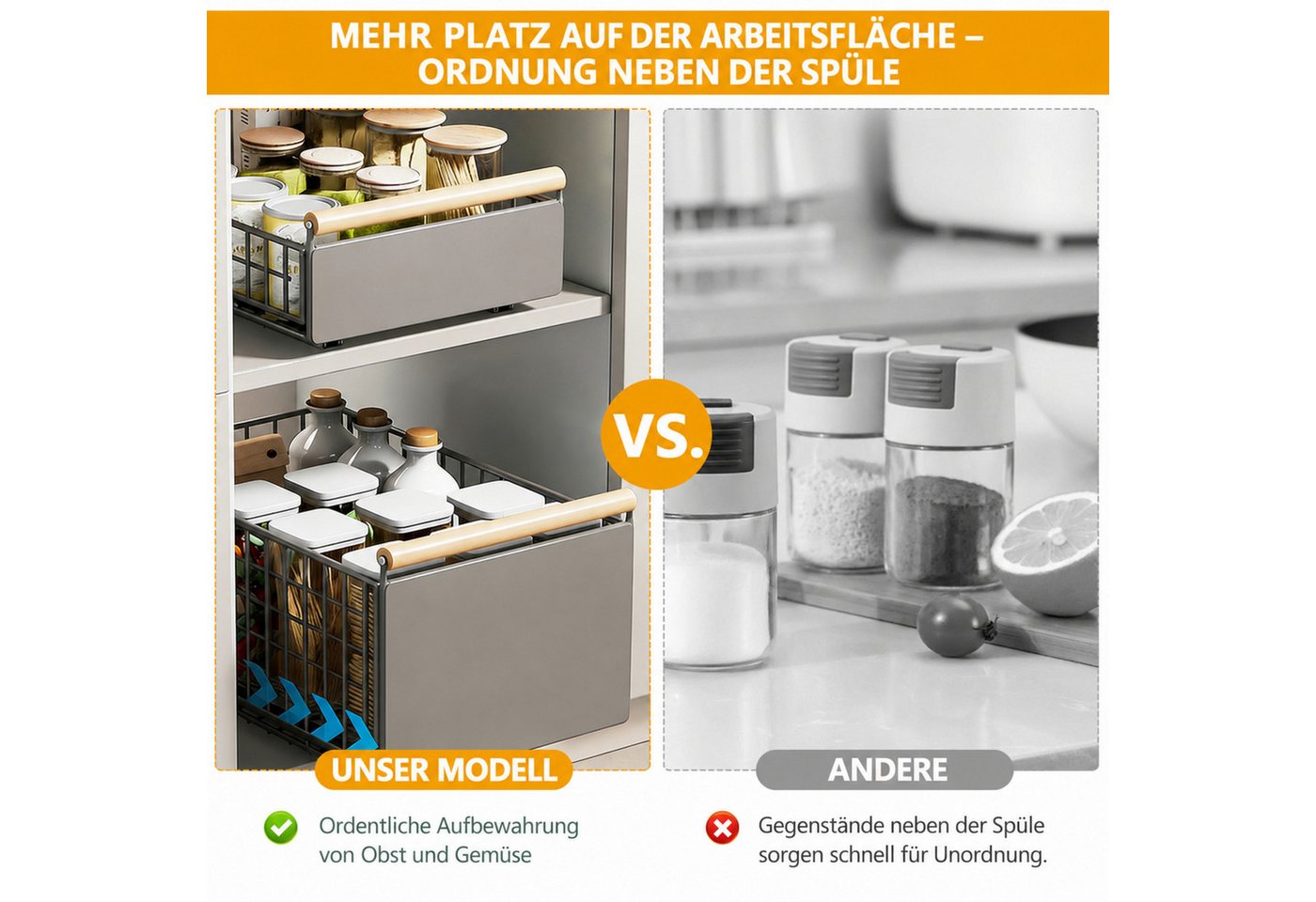 LEMLIT Küchenregal 2Pack Faltbarer Ausziehbare Schubladen-Regalaufbewahrung, 2 Packung 2-tlg., 2 Stück Teleskopschublade, Faltbarer Schrank-Organizer für die Küche Bild 3