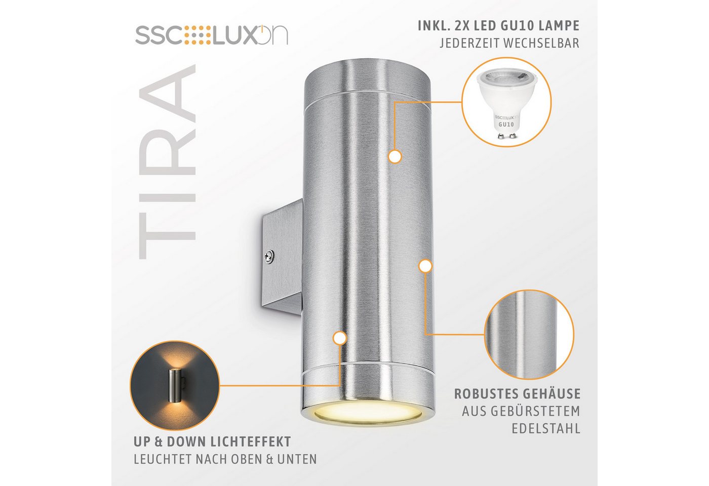 SSC-LUXon LED Außen-Wandleuchte LED Wandaussenleuchte TIRA Edelstahl Up & Down IP44 mit 2x LED GU10, Warmweiß Bild 2