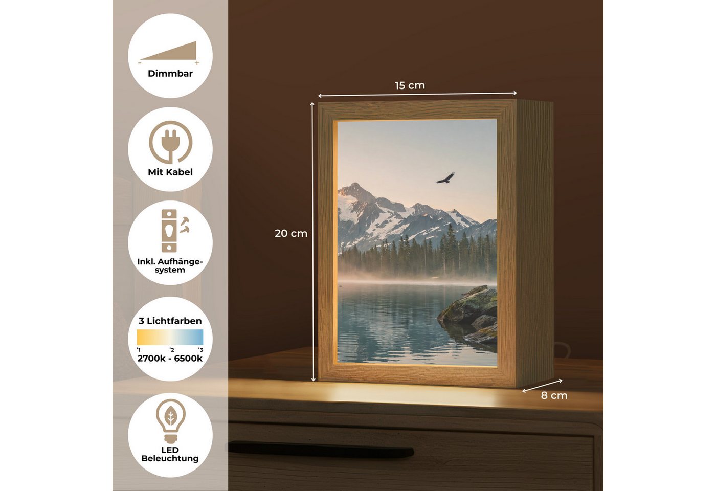 OnlyWow Tischleuchte Lightbox Berge - Wasser - Bäume, Dimmbar, Farbwechsel, LED, Warmweiß, Kaltweiß, Neutralweiß Einstellbar, Tischlampe, Schreibtischlampe, Desk, Dimmbar, mit Kabel, LED