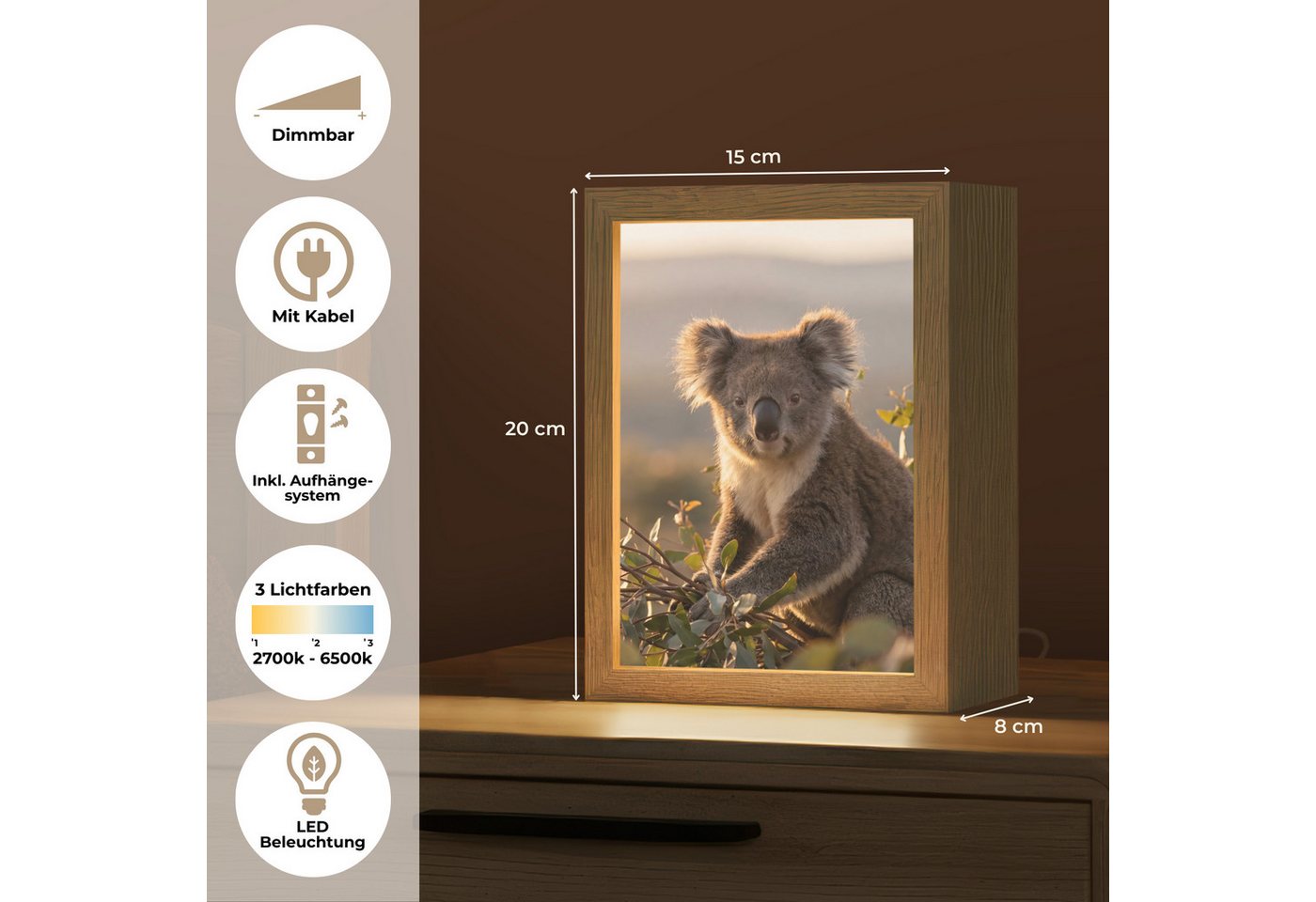 OnlyWow Tischleuchte Lightbox Koala - Blätter - Morgenlicht, Dimmbar, Farbwechsel, LED, Warmweiß, Kaltweiß, Neutralweiß Einstellbar, Tischlampe, Schreibtischlampe, Desk, Dimmbar, mit Kabel, LED Bild 3