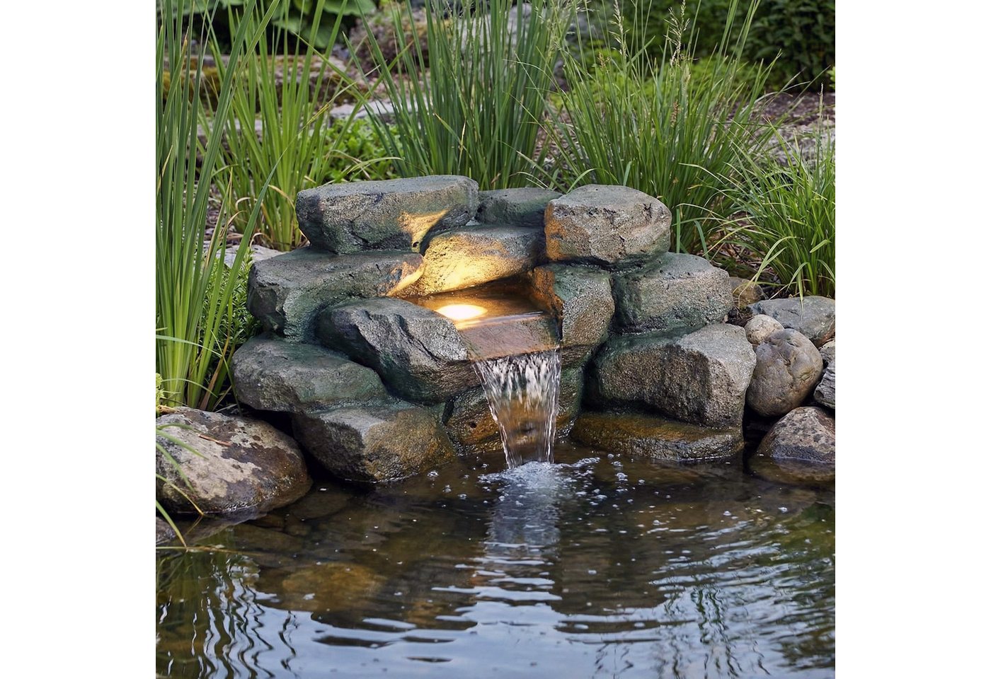 Arnusa Wasserfall Teichdekoration Wasserspiel für Teich Steinoptik mit LED Brunnen, 48 cm Breite, Springbrunnen Kaskade einfach am Teichrand integrieren