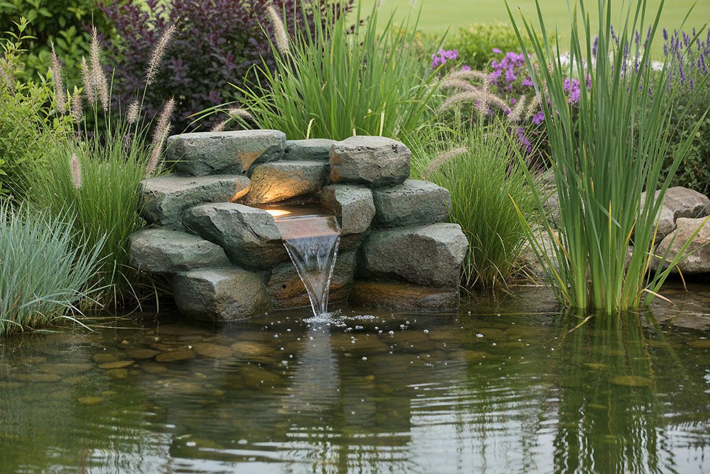 Arnusa Wasserfall Teichdekoration Wasserspiel für Teich Steinoptik mit LED Brunnen, 48 cm Breite, Springbrunnen Kaskade einfach am Teichrand integrieren Bild 4