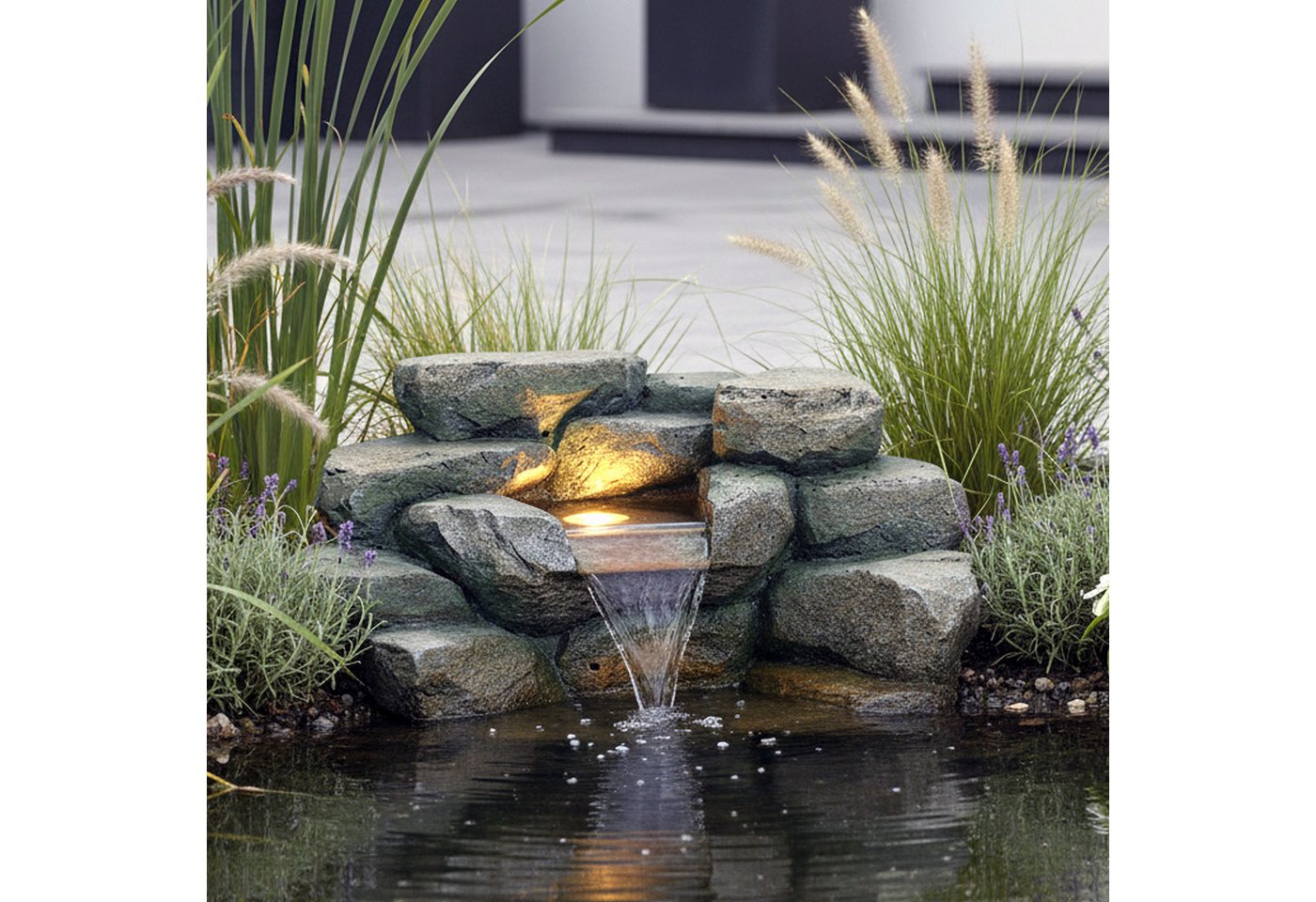 Arnusa Wasserfall Teichdekoration Wasserspiel für Teich Steinoptik mit LED Brunnen, 48 cm Breite, Springbrunnen Kaskade einfach am Teichrand integrieren Bild 5
