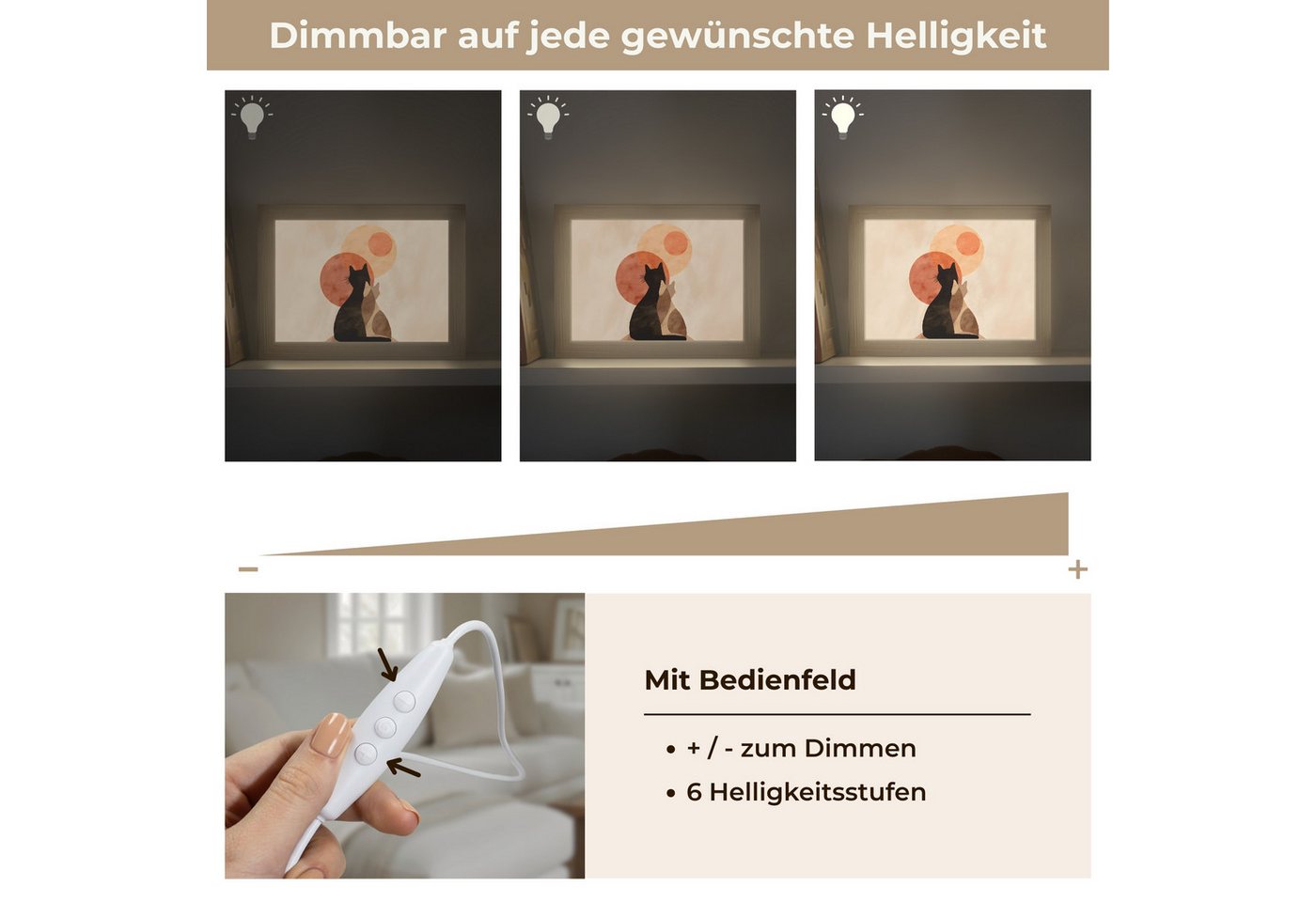 OnlyWow Tischleuchte Lightbox Katzen - Schwarz - Abstrakt - Kreise, Dimmbar, Farbwechsel, LED, Warmweiß, Kaltweiß, Neutralweiß Einstellbar, Tischlampe, Schreibtischlampe, Desk, Dimmbar, mit Kabel, LED