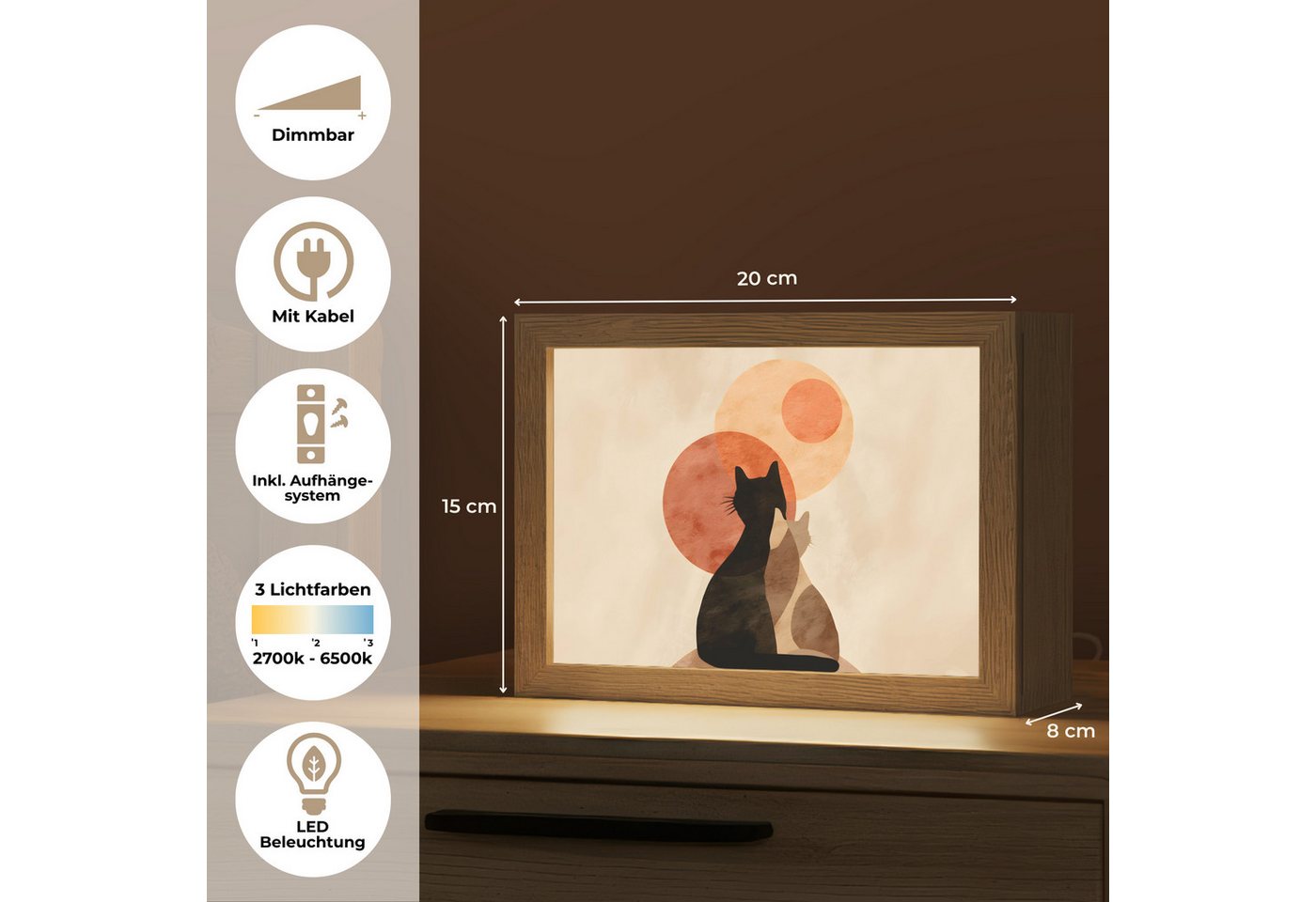 OnlyWow Tischleuchte Lightbox Katzen - Schwarz - Abstrakt - Kreise, Dimmbar, Farbwechsel, LED, Warmweiß, Kaltweiß, Neutralweiß Einstellbar, Tischlampe, Schreibtischlampe, Desk, Dimmbar, mit Kabel, LED Bild 5