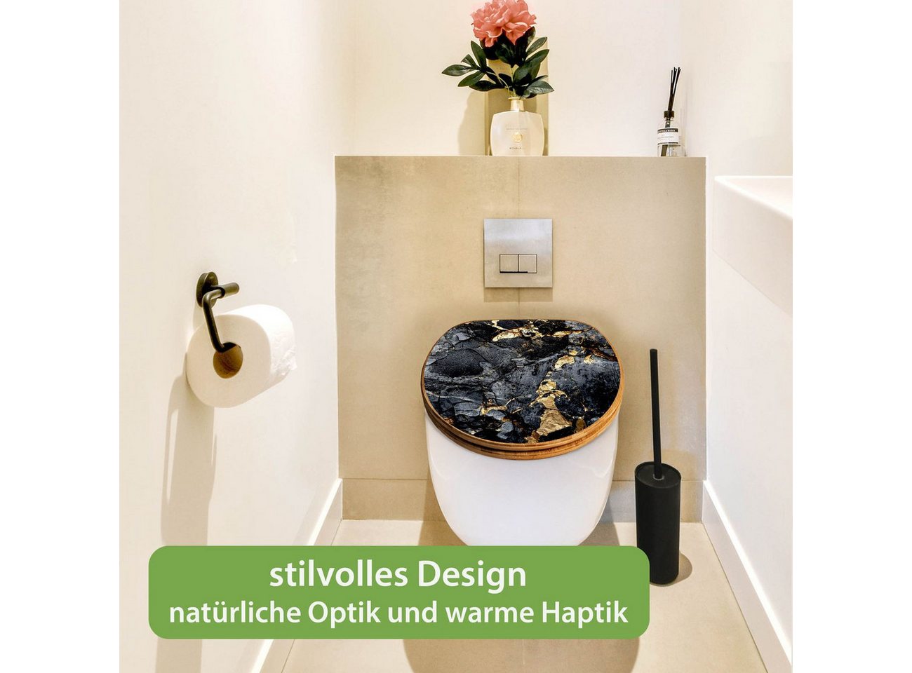 banjado WC-Sitz aus Bambus mit Absenkautomatik Motiv Schwarzer Marmor mit Gold 1 (umweltfreundliches Material, integrierte Absenkautomatik), 45,8 x 37,5 x 5 cm