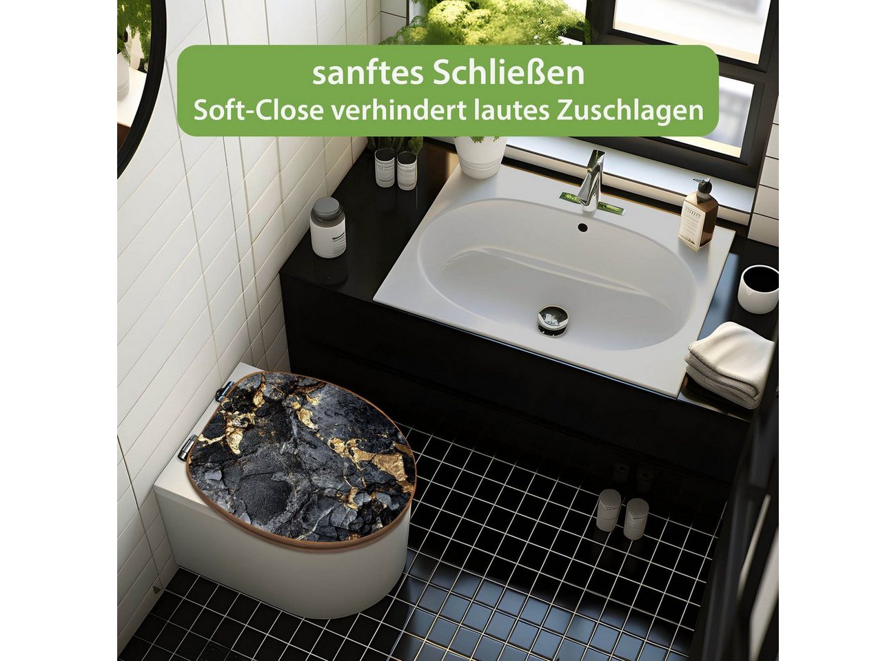 banjado WC-Sitz aus Bambus mit Absenkautomatik Motiv Schwarzer Marmor mit Gold 1 (umweltfreundliches Material, integrierte Absenkautomatik), 45,8 x 37,5 x 5 cm Bild 3