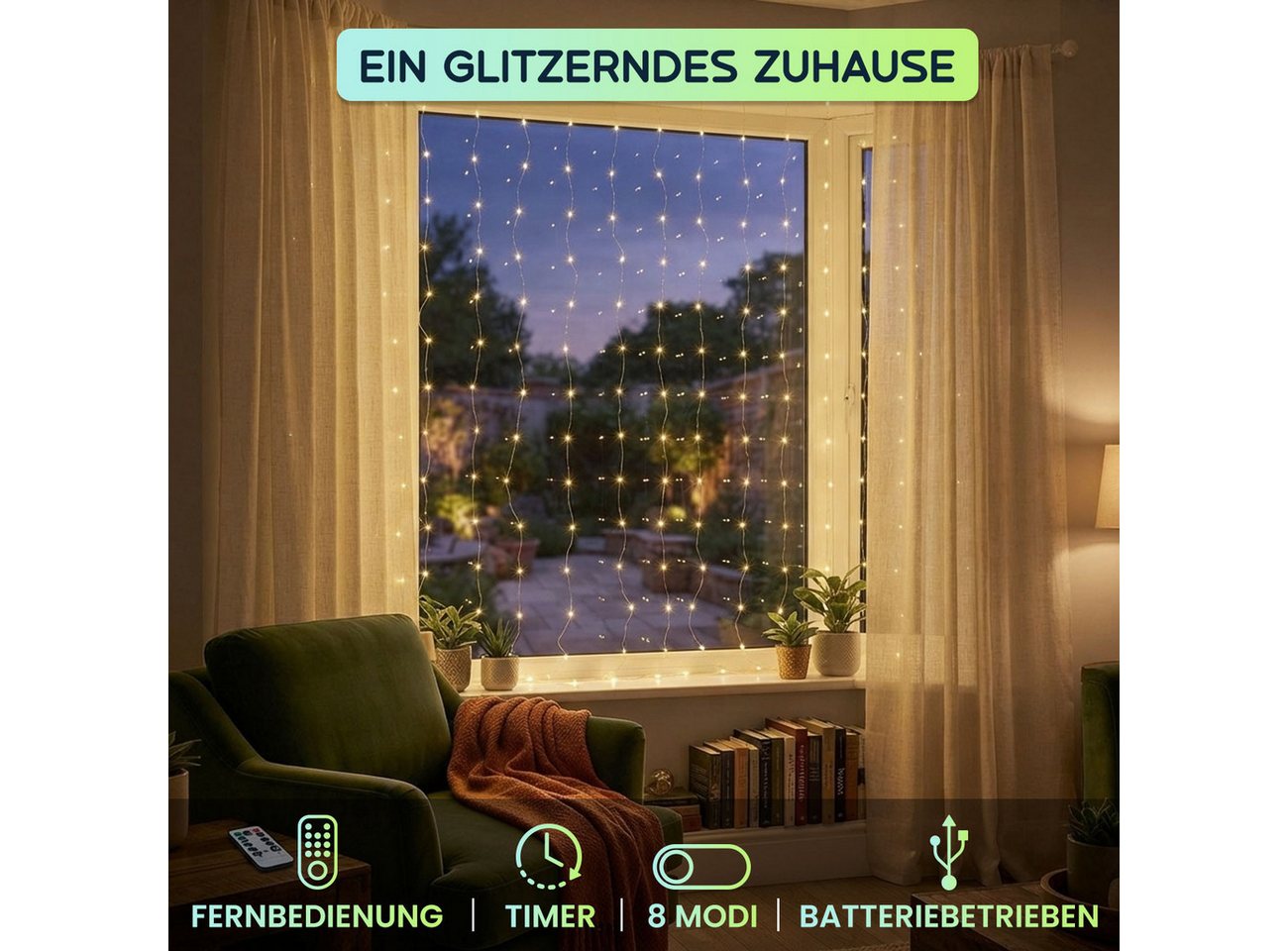 shop'n smile ideoon LED-Lichterkette LED Micro Draht Lichterkette 10m 100 LEDs Warmweiß Timer Fernbedienung, 10m Micro-Drahtlichterkette, 8 Leuchtmodi, Infrarot