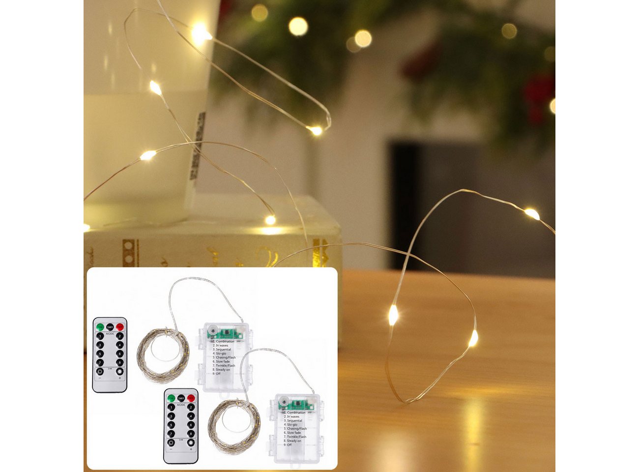 shop'n smile ideoon LED-Lichterkette LED Micro Draht Lichterkette 10m 100 LEDs Warmweiß Timer Fernbedienung, 10m Micro-Drahtlichterkette, 8 Leuchtmodi, Infrarot Bild 2
