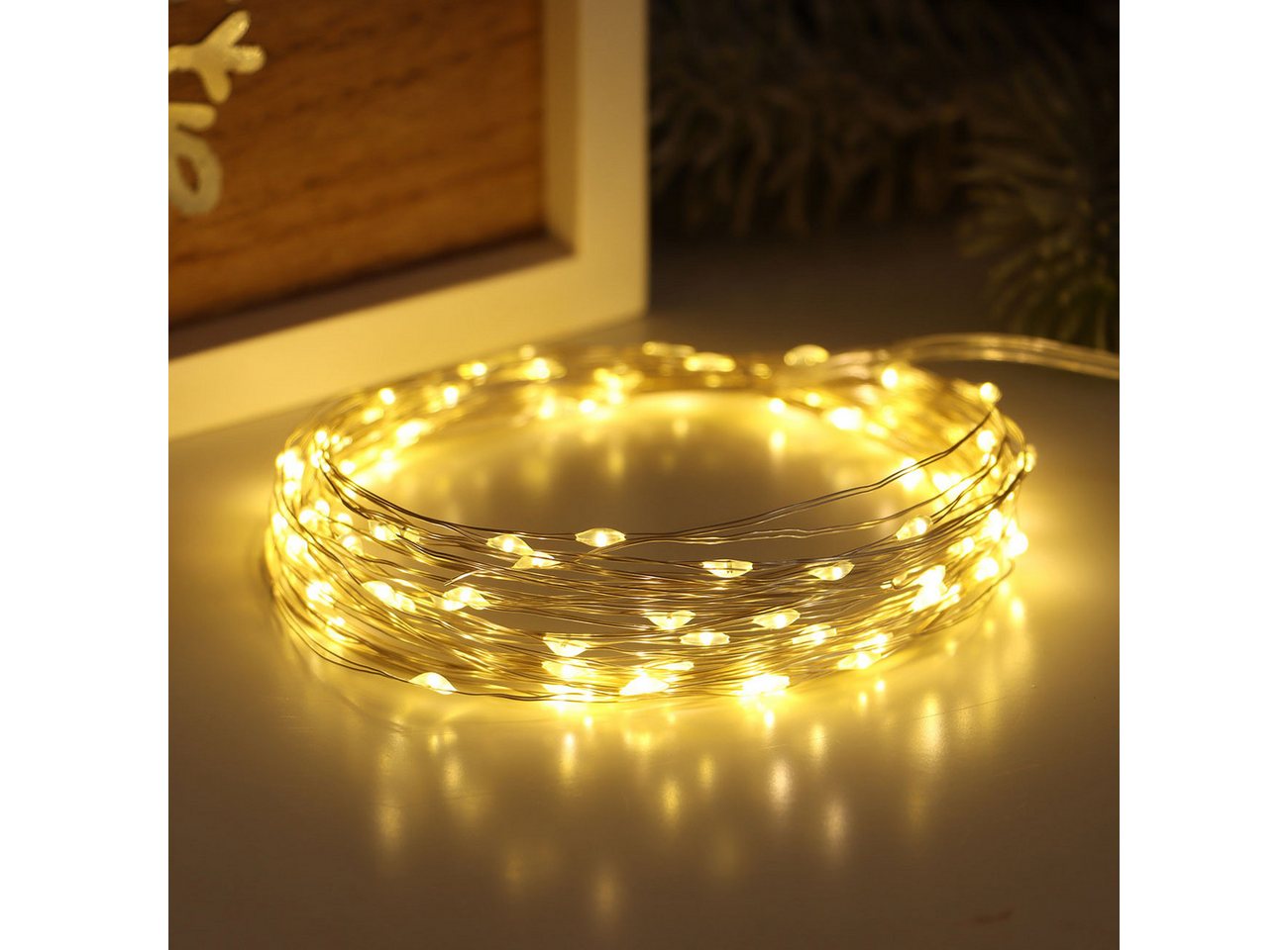 shop'n smile ideoon LED-Lichterkette LED Micro Draht Lichterkette 10m 100 LEDs Warmweiß Timer Fernbedienung, 10m Micro-Drahtlichterkette, 8 Leuchtmodi, Infrarot Bild 4