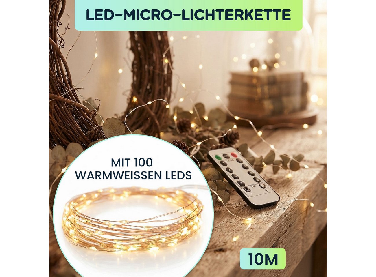 shop'n smile ideoon LED-Lichterkette LED Micro Draht Lichterkette 10m 100 LEDs Warmweiß Timer Fernbedienung, 10m Micro-Drahtlichterkette, 8 Leuchtmodi, Infrarot Bild 5