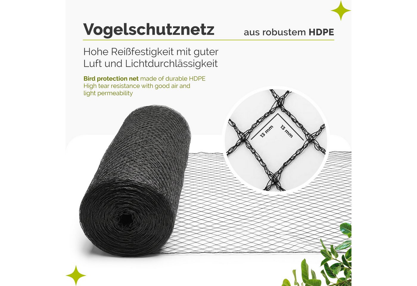 Garronda Schutznetz Vogelschutznetz HDPE feinmaschig 13 × 13 mm UV-beständig GD-0195, BxL: 2x3 m, (1-St), UV-beständig, feinmaschiger Schutz für Beeren und Gemüse