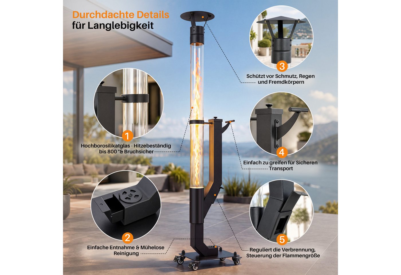 Nettlife Heizstrahler Gartenkamin Pelletfackel Outdoor Terrassenheizer Glasrohr 167cm, 6000 W, Terrassenfeuer Reinigungsbürste Feuersäule für Garten Brenndauer 2H