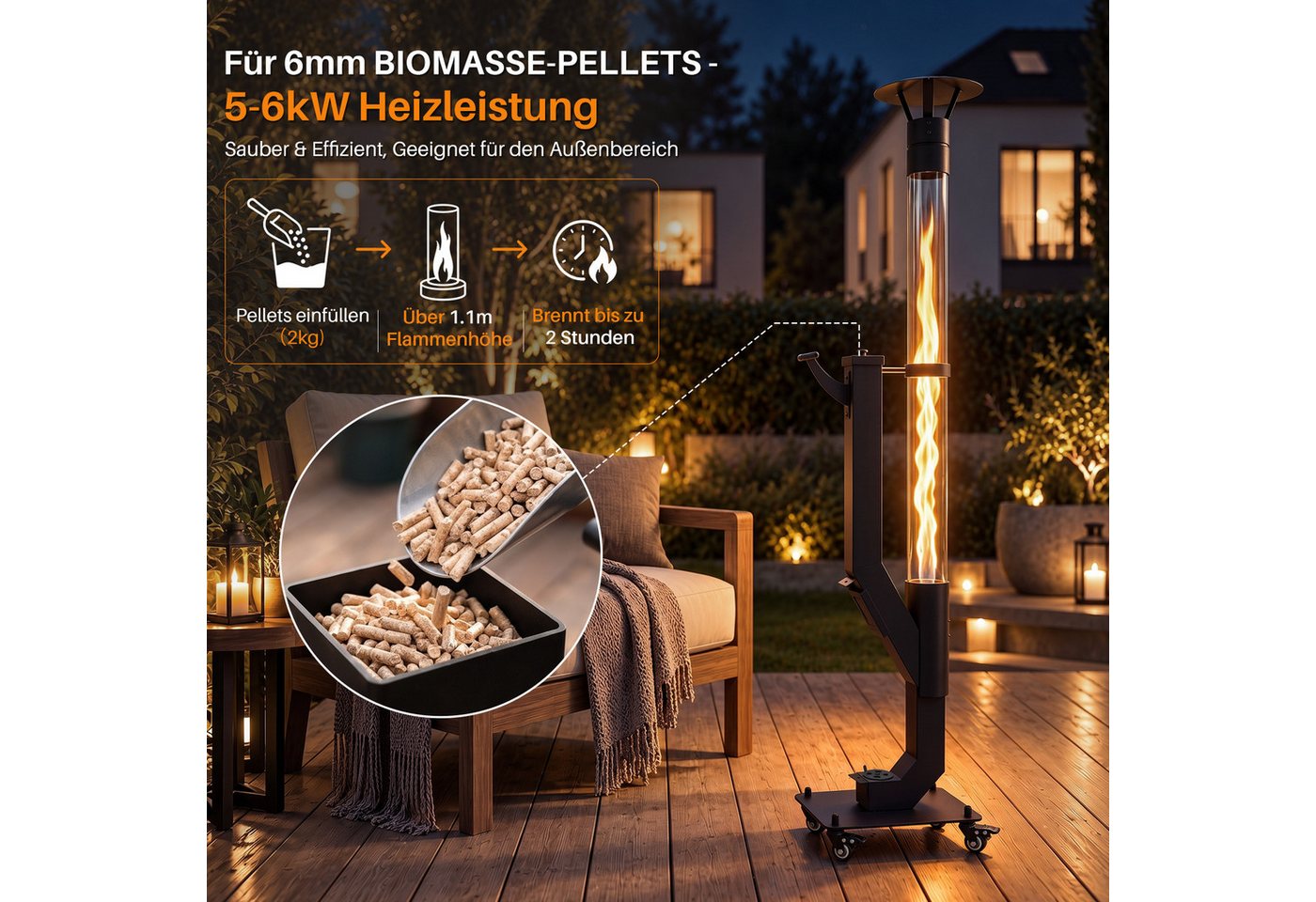 Nettlife Heizstrahler Gartenkamin Pelletfackel Outdoor Terrassenheizer Glasrohr 167cm, 6000 W, Terrassenfeuer Reinigungsbürste Feuersäule für Garten Brenndauer 2H Bild 2