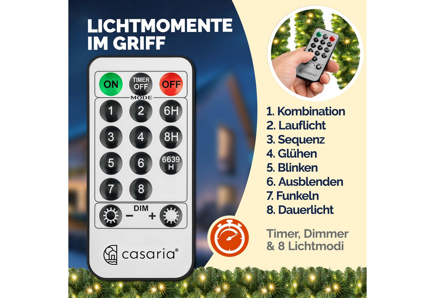 Kunstgirlande, Casaria, Höhe 28 cm, Weihnachtsgirlande mit Fernbedienung 5m 100 LED Warmweiß Timer