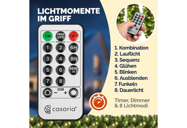 Kunstgirlande, Casaria, Höhe 28 cm, Weihnachtsgirlande mit Fernbedienung 5m 100 LED Warmweiß Timer
