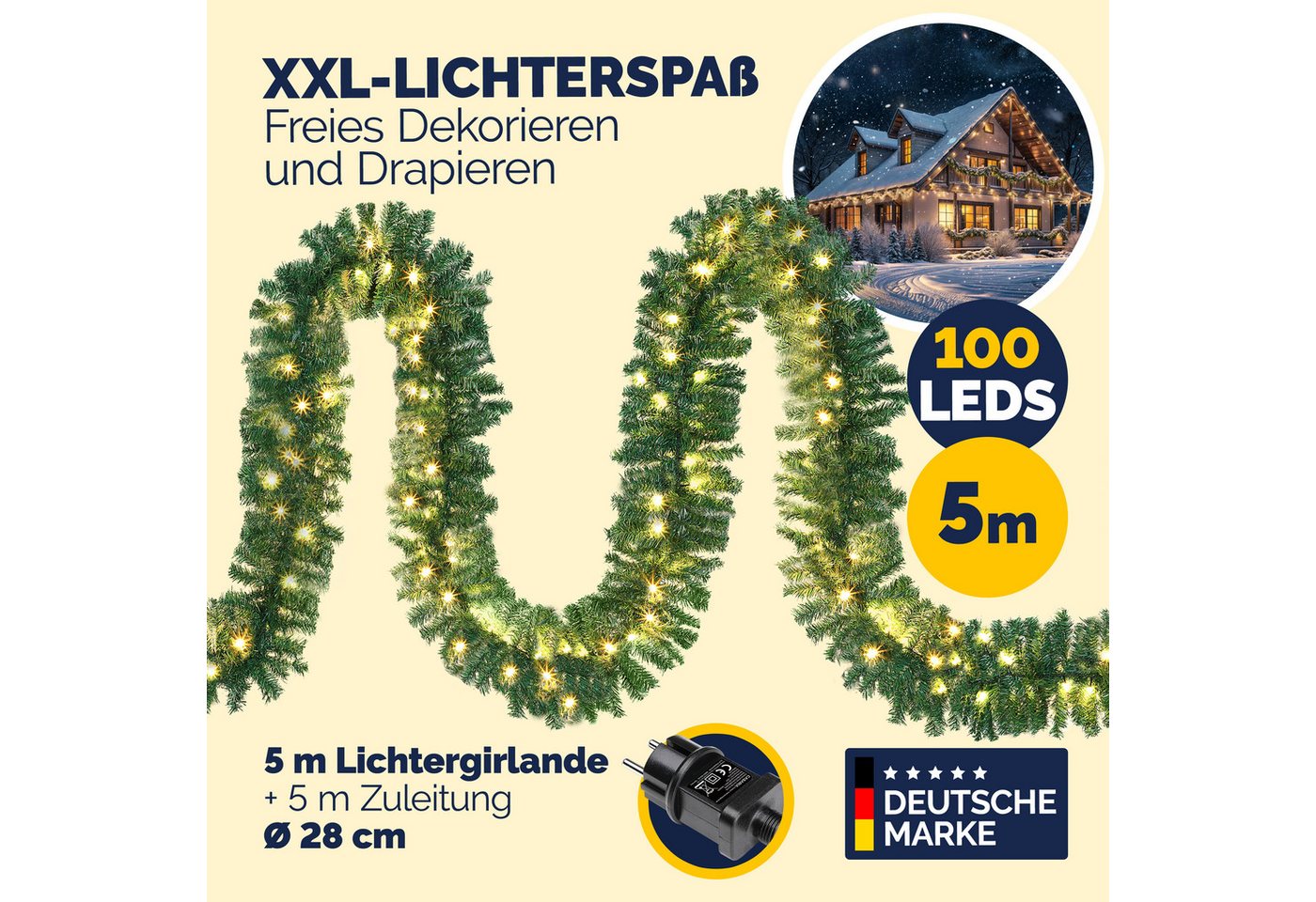 Kunstgirlande, Casaria, Höhe 28 cm, Weihnachtsgirlande mit Fernbedienung 5m 100 LED Warmweiß Timer Bild 2