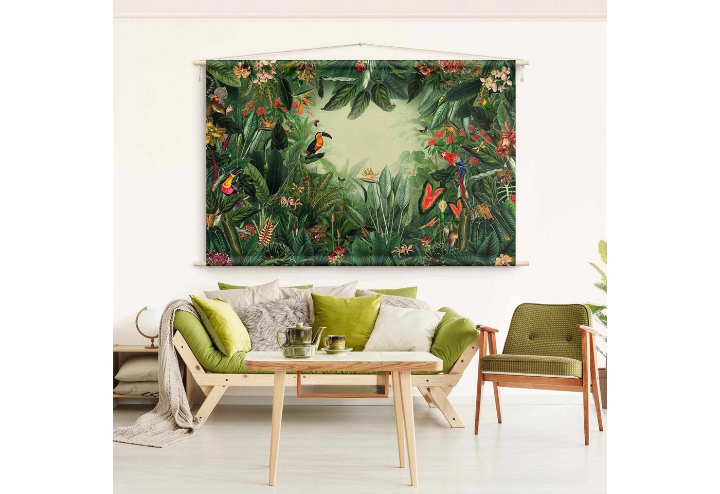 Bilderdepot24 Wandteppich modern Wald Blumen Dschungel Natur Tiere Vögel bunt, rechteckig, Höhe: 2.6 mm, großes Wandbild aus Natur-Baumwolle Wandbehang Stoffbild Tuch Wollseil