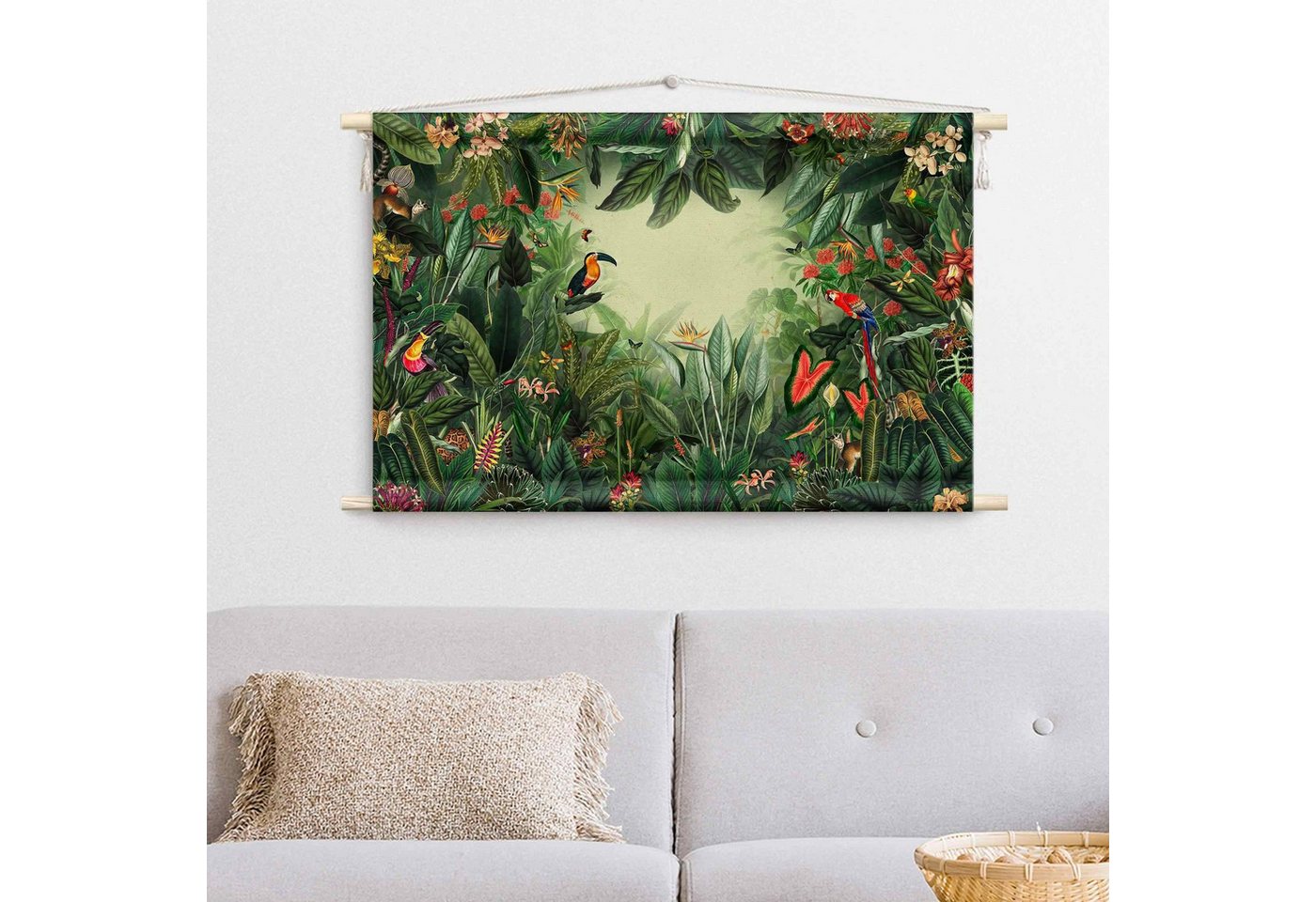 Bilderdepot24 Wandteppich modern Wald Blumen Dschungel Natur Tiere Vögel bunt, rechteckig, Höhe: 2.6 mm, großes Wandbild aus Natur-Baumwolle Wandbehang Stoffbild Tuch Wollseil Bild 2