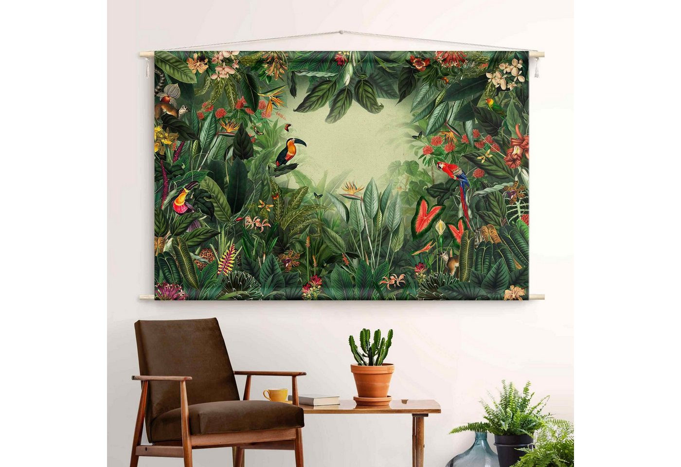 Bilderdepot24 Wandteppich modern Wald Blumen Dschungel Natur Tiere Vögel bunt, rechteckig, Höhe: 2.6 mm, großes Wandbild aus Natur-Baumwolle Wandbehang Stoffbild Tuch Wollseil Bild 3