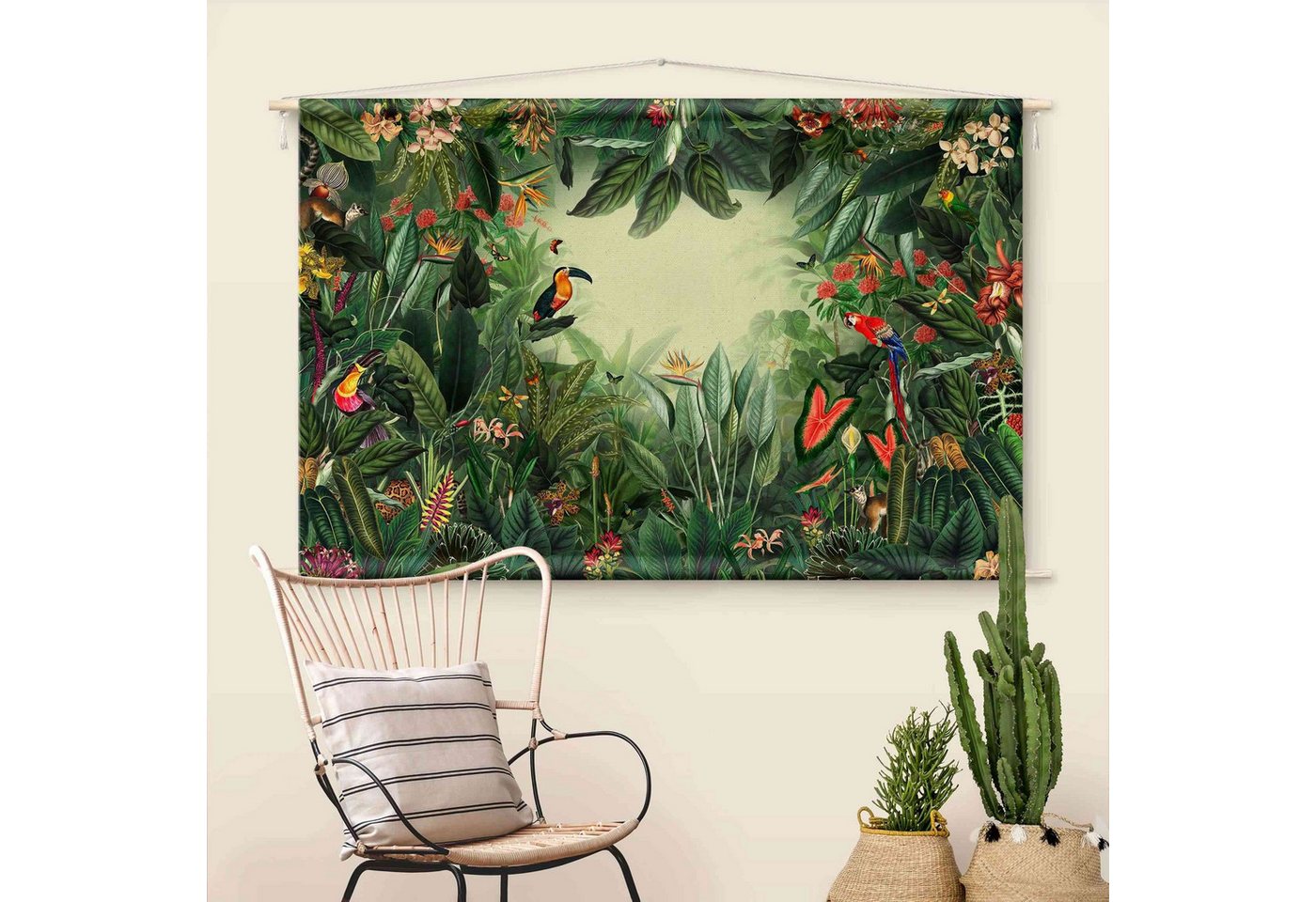 Bilderdepot24 Wandteppich modern Wald Blumen Dschungel Natur Tiere Vögel bunt, rechteckig, Höhe: 2.6 mm, großes Wandbild aus Natur-Baumwolle Wandbehang Stoffbild Tuch Wollseil Bild 4