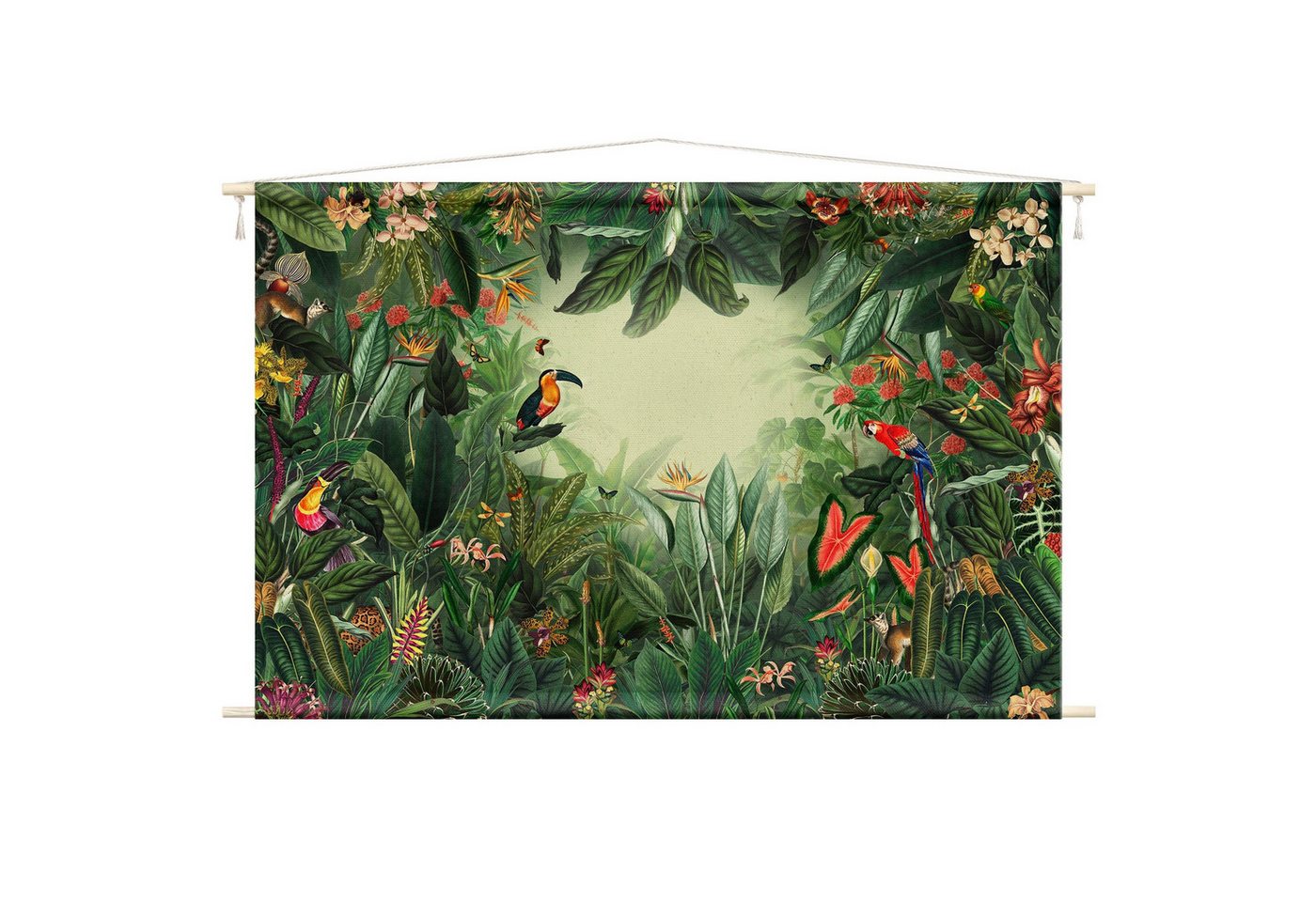 Bilderdepot24 Wandteppich modern Wald Blumen Dschungel Natur Tiere Vögel bunt, rechteckig, Höhe: 2.6 mm, großes Wandbild aus Natur-Baumwolle Wandbehang Stoffbild Tuch Wollseil Bild 5