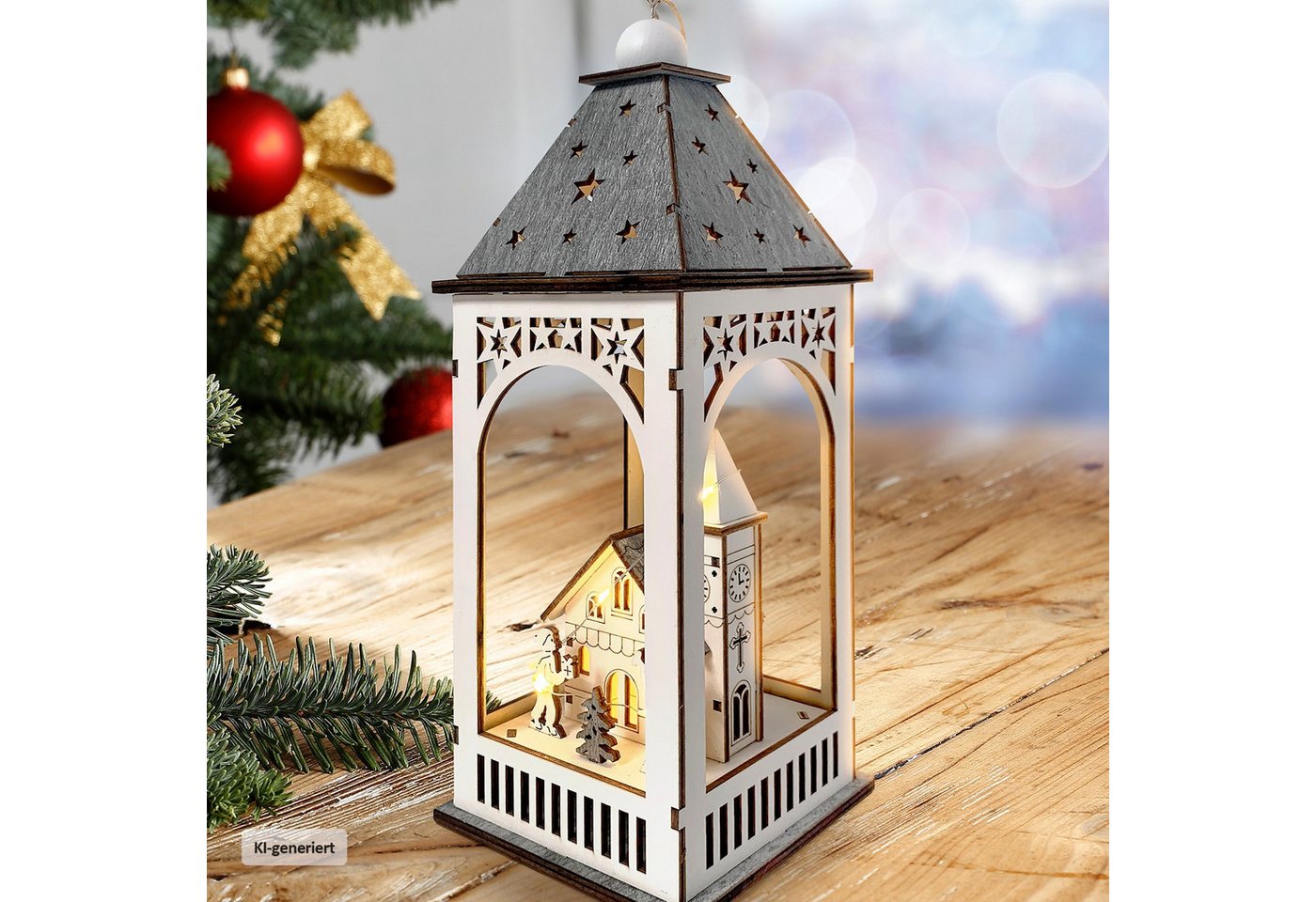 HTI-Living LED Laterne LED Weihnachtslaterne mit Kirche, Ein-/Ausschalter, LED, Warmweiß, Leuchtdeko batteriebetrieben Bild 2