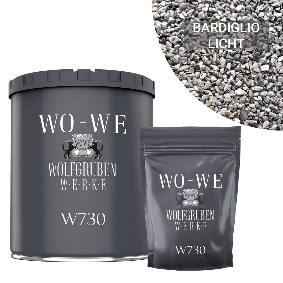 WO-WE Bodenfliese Steinteppich Set Marmorkies Bodenbeschichtung W730 2qm, Korngröße 1-4mm, Lichtgrau - Bardiglio Licht, Set, 25KG Marmorkies + 1,5KG 2k Bindemittel