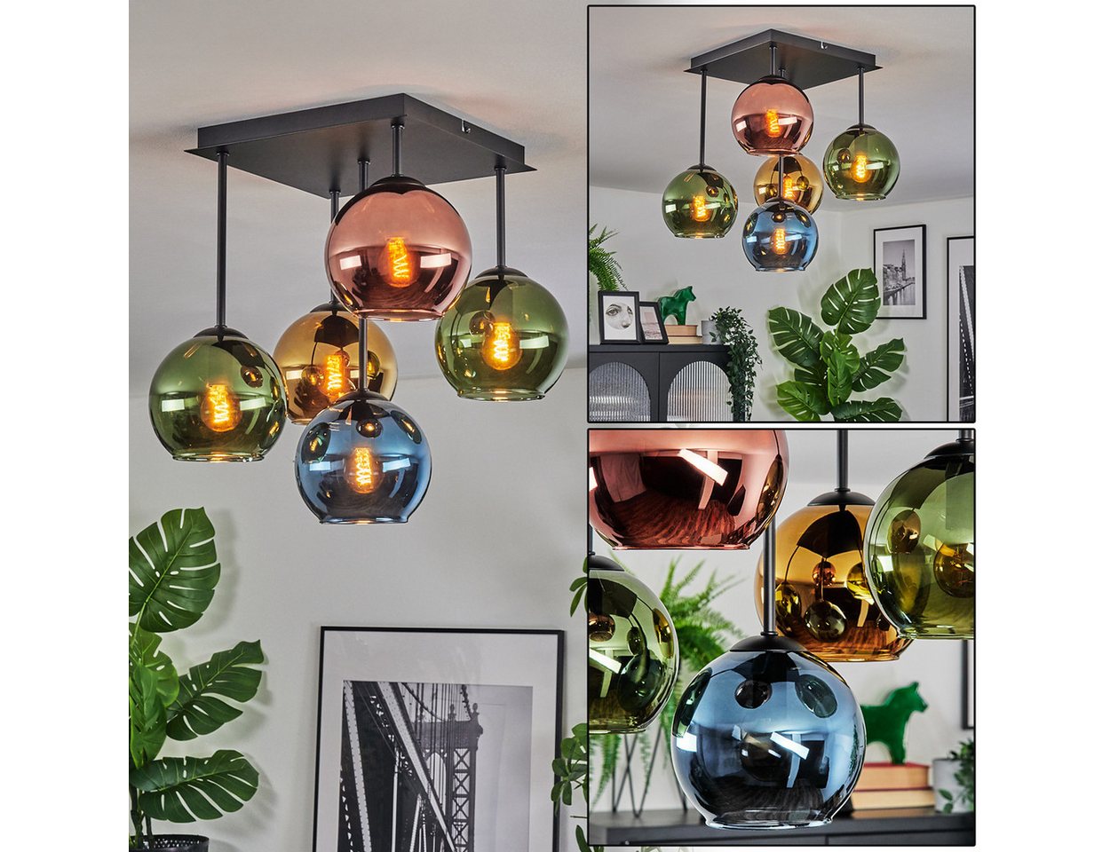 hofstein Deckenleuchte Deckenlampe aus Metall/Glas in Schwarz/Blau/Grün/Gold-/Kupferfarben, Deckenleuchte im Retro/Vintage-Design (Schirm Ø 15 cm), 5 x E14 Bild 2