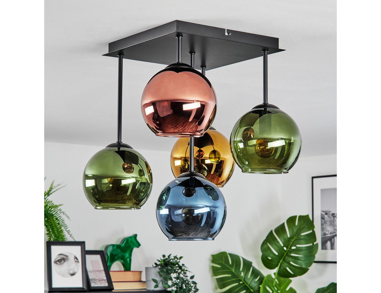 hofstein Deckenleuchte Deckenlampe aus Metall/Glas in Schwarz/Blau/Grün/Gold-/Kupferfarben, Deckenleuchte im Retro/Vintage-Design (Schirm Ø 15 cm), 5 x E14 Bild 3
