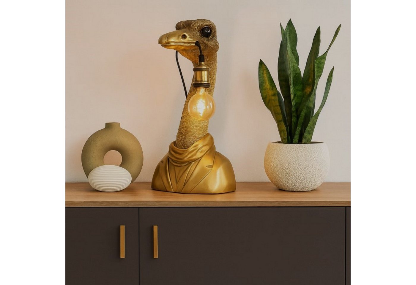 Online-Fuchs Tischleuchte - imposante goldene Dekolampe Strauß für Wohnzimmer - Deko afrikanisch, E27 Glühbirne wechselbar, indirekte Beleuchtung, auch als Nachttisch geeignet - 48 cm groß Bild 4